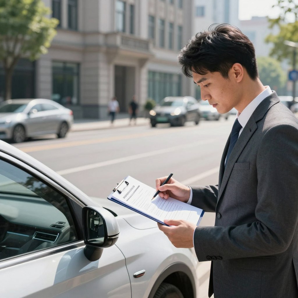A modern rental car at a designated collision location, showcasing the vehicle’s exterior in a well-lit urban environment. In the foreground, a professional individual in business attire is inspecting the rental car, reviewing a clipboard with insurance documents, with a focused expression. The middle ground features a clear view of nearby city streets, with subtle hints of other cars and pedestrians, enhancing the busy atmosphere. The background highlights a classic building with large windows reflecting the sunlight, casting soft shadows. The lighting is bright and natural, suggesting a sunny day, creating a sense of clarity and diligence in car rental procedures. The mood is professional yet approachable, emphasizing the importance of supplemental insurance options. The composition captures a moment of assurance and responsibility.
