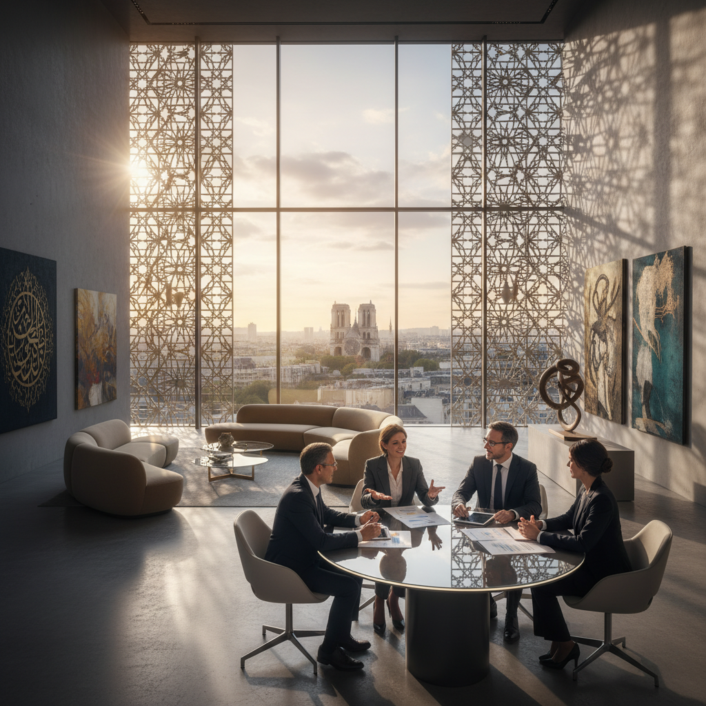 A modern, sleek interior of the "Institut du Monde Arabe," showcasing its iconic architectural elements such as the intricate mashrabiya screens and contemporary design. In the foreground, a diverse group of professional individuals in business attire engage in a discussion over financial strategies, symbolizing collaboration and innovation in funding. In the middle ground, elegant furniture and a large window reveal a view of Paris' skyline, bathed in warm afternoon sunlight, creating an inviting atmosphere. The background features art pieces that reflect Arab culture, enhancing the ambiance of sophistication. The scene should evoke a sense of forward-thinking and unity, highlighting the importance of sustainable funding for cultural institutions. Use soft lighting to emphasize warmth and collaboration within the space.