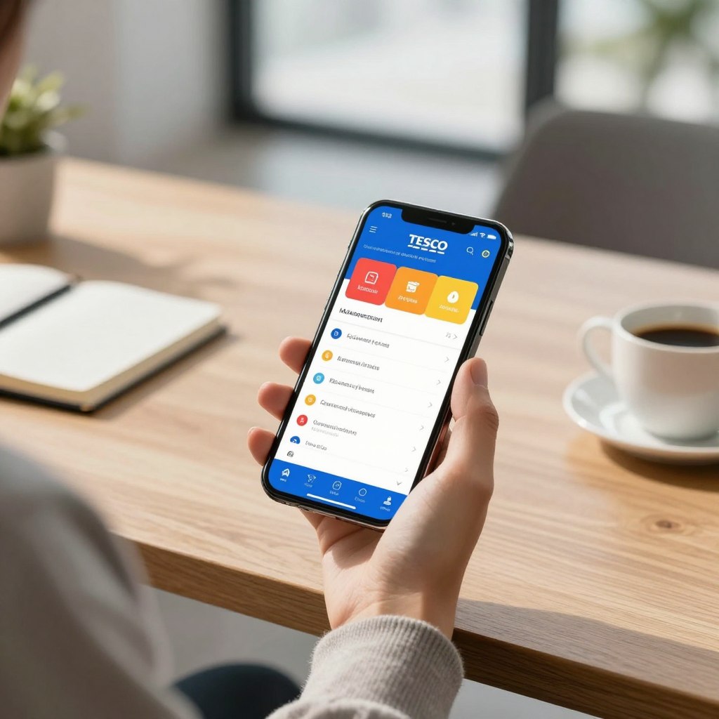 A modern smartphone displaying the mobile application interface of Tesco, showcasing features like account management and transaction history in a user-friendly design. The foreground reveals the phone held in a person's hand, dressed in smart-casual attire, focusing on the app’s vibrant colors and intuitive layout. In the middle, a sleek wooden desk is visible, with a few personal items like a notebook and a cup of coffee, contributing to a cozy workspace atmosphere. The background is softly blurred to suggest a bright office environment with natural light coming through large windows, casting soft shadows and enhancing the image’s warm, inviting feel. The overall mood conveys efficiency and modernity, reflecting a seamless banking experience.