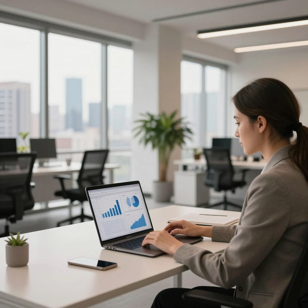 A modern virtual office setting, showcasing a sleek, minimalistic desk with a laptop open, displaying graphs and charts, in the foreground. The middle ground features a stylish ergonomic chair and a potted plant, adding a touch of vibrancy. In the background, large windows allow natural light to flood the space, revealing a city skyline that inspires a sense of ambition. The atmosphere is professional and serene, with soft, warm lighting creating a welcoming vibe. Use a wide-angle lens to emphasize the spaciousness of the office. The scene may include an individual in professional attire, such as a tailored blazer, focused on their laptop, evoking a sense of productivity and strategic decision-making.