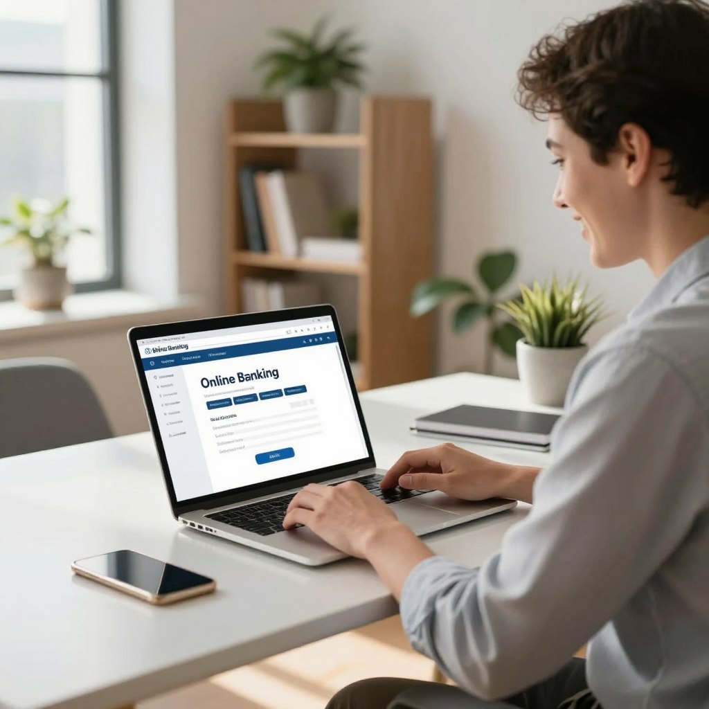 A modern, well-lit office environment showcasing a professional individual seated at a sleek desk, engaging with a laptop displaying a user-friendly online banking interface. The person, dressed in smart casual attire, is focused and smiling, illustrating a sense of ease and efficiency while customizing their client space. In the background, a stylish bookshelf and a potted plant add warmth to the scene, suggesting a productive atmosphere. Soft natural light streams through a large window, casting gentle shadows and creating an inviting ambiance. The composition should convey a sense of empowerment and control in managing personal finances online. Capture the essence of personalization and user experience in digital banking.