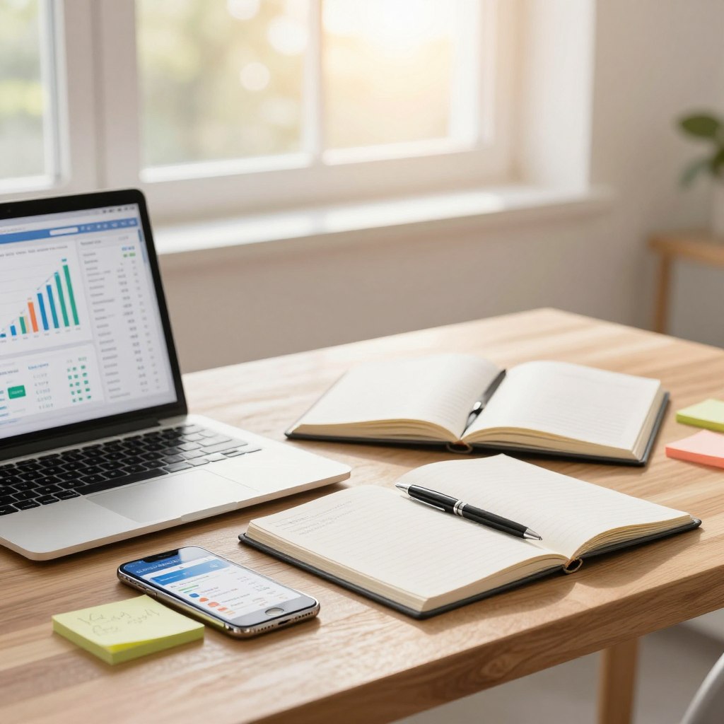 A modern workspace featuring essential financial management tools. In the foreground, a stylish wooden desk is adorned with a sleek laptop displaying a financial dashboard. Beside it, a smartphone shows banking apps, and stacks of colorful sticky notes with budgeting tips. In the middle, an open planner and a high-quality pen are arranged neatly, emphasizing organization. The background features a softly blurred window with natural sunlight streaming in, casting a warm glow over the scene. The overall mood is one of professionalism and tranquility, ideal for managing finances efficiently. Capture this in a bright, airy atmosphere with a subtle bokeh effect, using a soft focus to enhance the inviting workspace feel. A modern workspace featuring essential financial management tools. In the foreground, a stylish wooden desk is adorned with a sleek laptop displaying a financial dashboard. Beside it, a smartphone shows banking apps, and stacks of colorful sticky notes with budgeting tips. In the middle, an open planner and a high-quality pen are arranged neatly, emphasizing organization. The background features a softly blurred window with natural sunlight streaming in, casting a warm glow over the scene. The overall mood is one of professionalism and tranquility, ideal for managing finances efficiently. Capture this in a bright, airy atmosphere with a subtle bokeh effect, using a soft focus to enhance the inviting workspace feel.