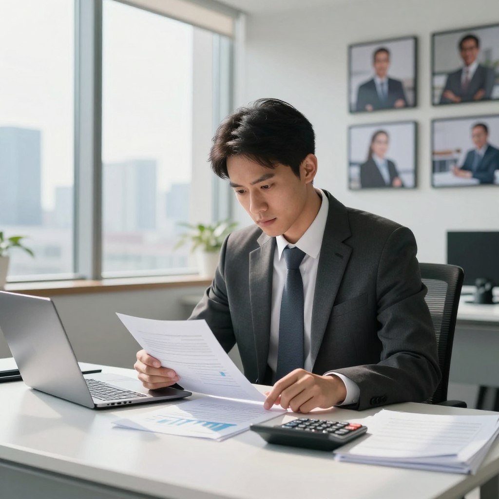 A professional accountant, dressed in a suitable business attire, is seated at a modern office desk covered with financial documents, a laptop, and a calculator. The accountant is deeply engaged in reviewing paperwork, with an expression of concentration that reflects the importance of ethics in their profession. In the background, large windows reveal a bright city skyline under soft daylight. Natural light streams into the room, casting gentle shadows across the scene. On the walls, framed photographs of diverse people collaborating in a professional setting symbolize teamwork and integrity. The mood is serious yet optimistic, emphasizing the ideals of responsibility and ethical practice in accounting. The composition is clean, focusing on the accountant's actions, with a slight depth of field that blurs the background, ensuring the professional setting remains the highlight. A professional accountant, dressed in a suitable business attire, is seated at a modern office desk covered with financial documents, a laptop, and a calculator. The accountant is deeply engaged in reviewing paperwork, with an expression of concentration that reflects the importance of ethics in their profession. In the background, large windows reveal a bright city skyline under soft daylight. Natural light streams into the room, casting gentle shadows across the scene. On the walls, framed photographs of diverse people collaborating in a professional setting symbolize teamwork and integrity. The mood is serious yet optimistic, emphasizing the ideals of responsibility and ethical practice in accounting. The composition is clean, focusing on the accountant's actions, with a slight depth of field that blurs the background, ensuring the professional setting remains the highlight.