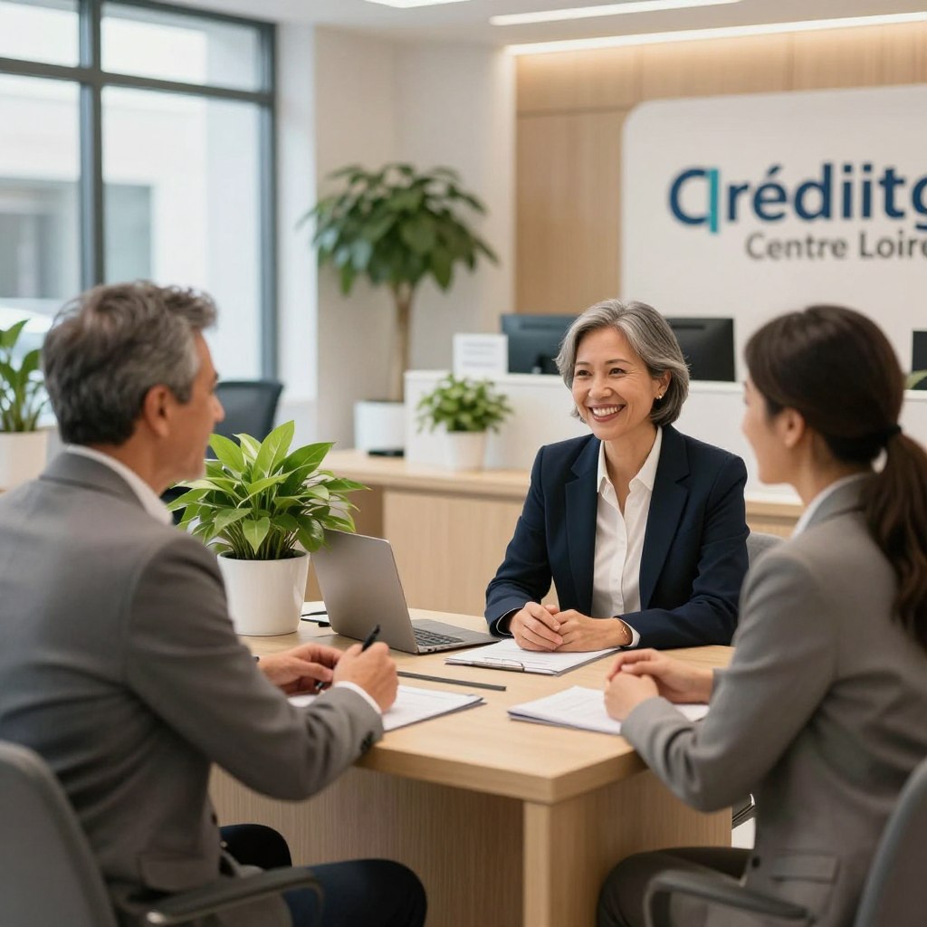 A professional and friendly bank interior featuring a modern Crédit Agricole Centre Loire branch. In the foreground, two satisfied customers, a middle-aged man and woman, are engaged in a positive conversation with a bank advisor, all dressed in smart business attire. In the middle, sleek desks with light wood finishes and vibrant green plants create a welcoming atmosphere. The background showcases contemporary decor, large windows with soft daylight filtering through, and Crédit Agricole branding subtly integrated into the design. The mood exudes trust and satisfaction, focusing on a community-oriented environment. The image is bright and inviting, captured with a warm color palette. Soft focus on the background enhances the connection among subjects.