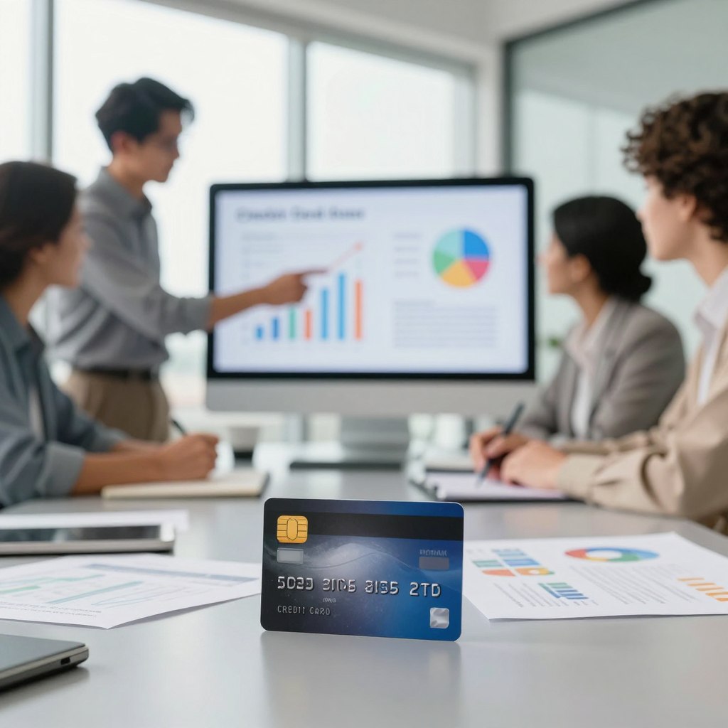 A professional and informative scene depicting a diverse group of individuals in a modern office setting reviewing a credit card. In the foreground, a credit card with visible details like the chip and logo subtly rests on a sleek desk amidst financial documents and a computer. In the middle ground, a person in professional attire points at a large, interactive screen displaying graphs and tips for effective credit card use, while another person takes notes. The background features large windows letting in soft, natural light, enhancing the bright and optimistic mood. The colors are warm and inviting, with a focus on professionalism and teamwork, emphasizing responsible financial management. The image should be clear and well-composed, shot from a slightly elevated angle for depth. A professional and informative scene depicting a diverse group of individuals in a modern office setting reviewing a credit card. In the foreground, a credit card with visible details like the chip and logo subtly rests on a sleek desk amidst financial documents and a computer. In the middle ground, a person in professional attire points at a large, interactive screen displaying graphs and tips for effective credit card use, while another person takes notes. The background features large windows letting in soft, natural light, enhancing the bright and optimistic mood. The colors are warm and inviting, with a focus on professionalism and teamwork, emphasizing responsible financial management. The image should be clear and well-composed, shot from a slightly elevated angle for depth.
