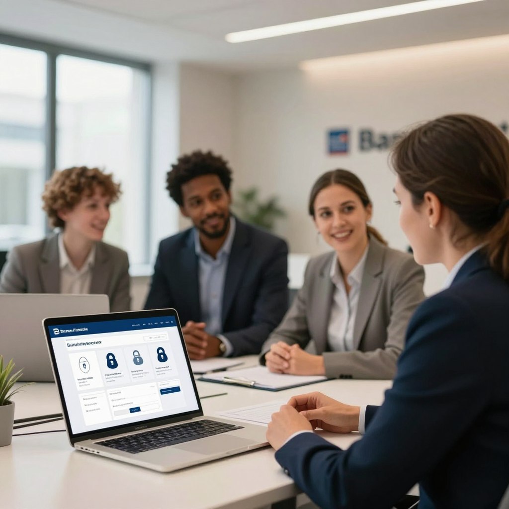 A professional and inviting office environment focused on the theme of banking identification with Banque Postale. In the foreground, a well-organized desk displays a laptop screen showcasing a secure digital banking interface, with a few visible icons representing security and accessibility. In the middle ground, a diverse group of three individuals in smart business attire engage in conversation, highlighting collaboration and support in identifying their accounts. The background features soft-focused elements of an elegant modern bank, with large windows allowing natural light to brighten the scene, creating a warm and welcoming atmosphere. Use a slight depth of field to emphasize the individuals and desk while maintaining a clear view of the bank setting. The overall mood is professional, optimistic, and secure.