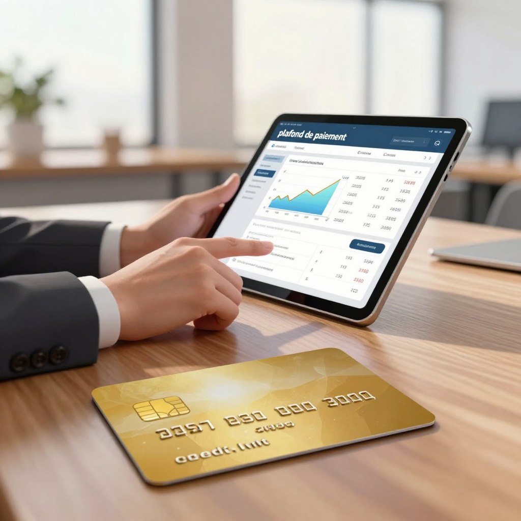 A professional and modern illustration depicting the concept of "plafond de paiement" (payment limit). In the foreground, a sleek, gold credit card partially visible atop a polished wooden desk, showcasing its elegant design. In the middle ground, a pair of hands, dressed in professional business attire, are holding a tablet displaying a digital interface with graphs and figures representing transactions and limits. The background features a softly blurred office environment, hinting at a sophisticated workspace with contemporary decor. Warm, natural lighting flows in from a nearby window, creating an inviting atmosphere that conveys financial professionalism. The overall mood is one of confidence and financial authority, perfectly embodying the essence of discussing payment limits. A professional and modern illustration depicting the concept of "plafond de paiement" (payment limit). In the foreground, a sleek, gold credit card partially visible atop a polished wooden desk, showcasing its elegant design. In the middle ground, a pair of hands, dressed in professional business attire, are holding a tablet displaying a digital interface with graphs and figures representing transactions and limits. The background features a softly blurred office environment, hinting at a sophisticated workspace with contemporary decor. Warm, natural lighting flows in from a nearby window, creating an inviting atmosphere that conveys financial professionalism. The overall mood is one of confidence and financial authority, perfectly embodying the essence of discussing payment limits.