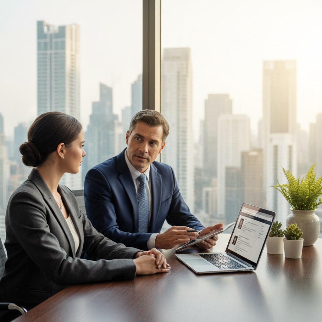 A professional business environment showcasing a recruitment scene for a financial institution. In the foreground, a confident job applicant dressed in formal business attire is engaged in an interview with a hiring manager, who is also in professional attire. In the middle ground, a modern office setup featuring a sleek desk, a laptop open with a recruitment platform visible, and decorative plants enhancing the ambiance. The background displays a glass wall with a view of a city skyline, bathed in soft, natural lighting that creates a warm and inviting atmosphere. The scene conveys a sense of professionalism and aspiration, highlighting the importance of standing out in the recruitment process. A professional business environment showcasing a recruitment scene for a financial institution. In the foreground, a confident job applicant dressed in formal business attire is engaged in an interview with a hiring manager, who is also in professional attire. In the middle ground, a modern office setup featuring a sleek desk, a laptop open with a recruitment platform visible, and decorative plants enhancing the ambiance. The background displays a glass wall with a view of a city skyline, bathed in soft, natural lighting that creates a warm and inviting atmosphere. The scene conveys a sense of professionalism and aspiration, highlighting the importance of standing out in the recruitment process.