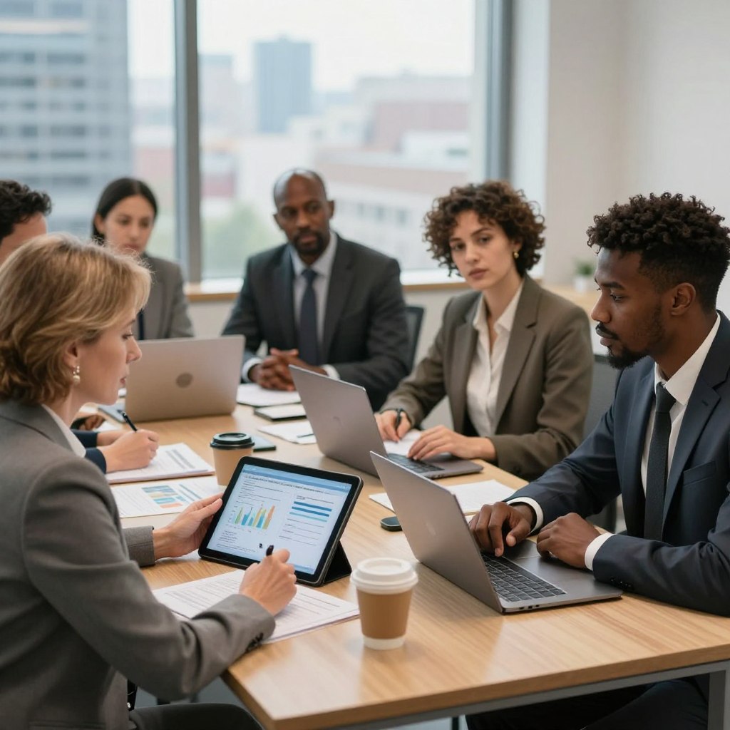 A professional business meeting scene in a well-lit office setting, focusing on a diverse group of individuals engaged in a discussion about public service financing. In the foreground, a middle-aged Caucasian woman in a blazer is presenting a graph on a digital tablet, while a young Black man in a suit listens attentively, taking notes on a laptop. In the middle, a table with documents, charts, and a coffee cup, surrounded by a multicultural team of four experts deep in discussion. The background reveals a large window with a city skyline, suggesting a high-rise office. The atmosphere is serious yet collaborative, with warm light illuminating the scene to create a sense of focus and professionalism. A professional business meeting scene in a well-lit office setting, focusing on a diverse group of individuals engaged in a discussion about public service financing. In the foreground, a middle-aged Caucasian woman in a blazer is presenting a graph on a digital tablet, while a young Black man in a suit listens attentively, taking notes on a laptop. In the middle, a table with documents, charts, and a coffee cup, surrounded by a multicultural team of four experts deep in discussion. The background reveals a large window with a city skyline, suggesting a high-rise office. The atmosphere is serious yet collaborative, with warm light illuminating the scene to create a sense of focus and professionalism.