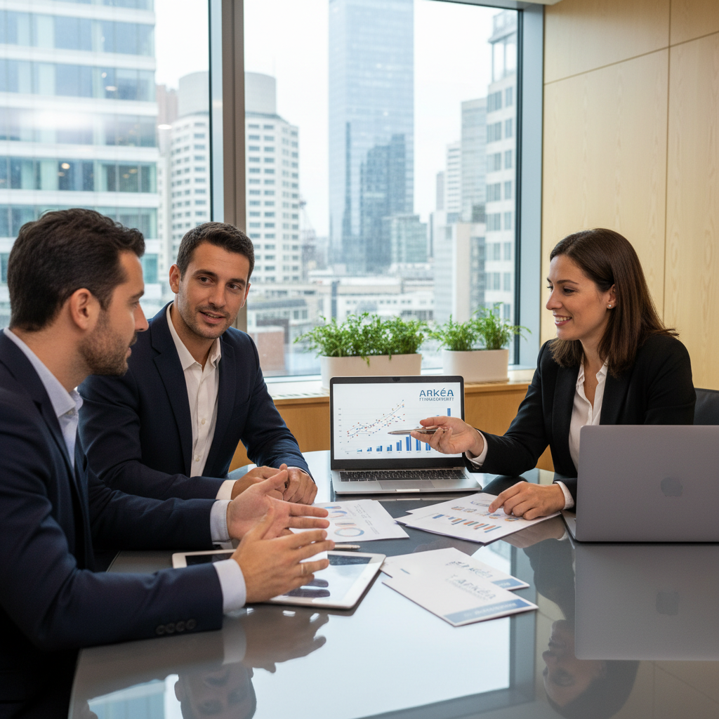 A professional business meeting scene showcasing clients discussing financing options with a representative from Arkea Financement. In the foreground, a diverse group of three clients, dressed in smart business attire, engaged in an animated conversation while looking at documents and a laptop. In the middle ground, a sleek conference table filled with financial brochures and a modern laptop displaying financial graphs. The background features a contemporary office setting with large windows letting in bright natural light, offering a city view. The atmosphere is professional and optimistic, conveying a sense of collaboration and trust. The image captures the essence of financial discussions, highlighting the opportunity for tailored financing solutions.