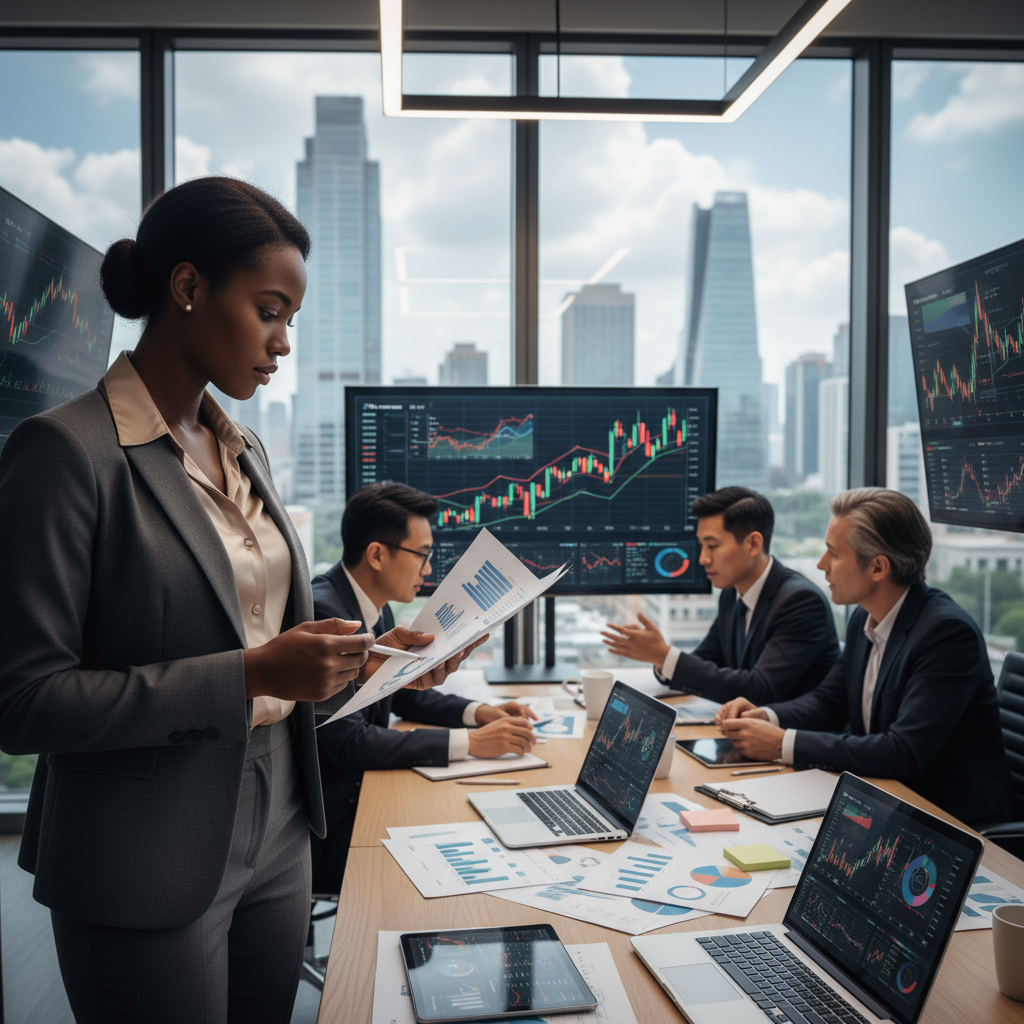 A professional business setting featuring a diverse group of financiers analyzing a business plan. In the foreground, a Black woman in a sharp business suit studies a financial report, surrounded by charts and graphs. In the middle, a table with a laptop displaying a financial dashboard and documents spread out, illuminated by soft, warm overhead lighting. In the background, a large window reveals a cityscape, suggesting progress and opportunity, with a hint of clouds in a blue sky. The atmosphere is one of determination and collaboration, emphasizing the importance of strategic planning in a professional environment. The image should be sharp, with a focus on the details in the foreground using a slightly blurred depth of field to enhance the subject's importance.