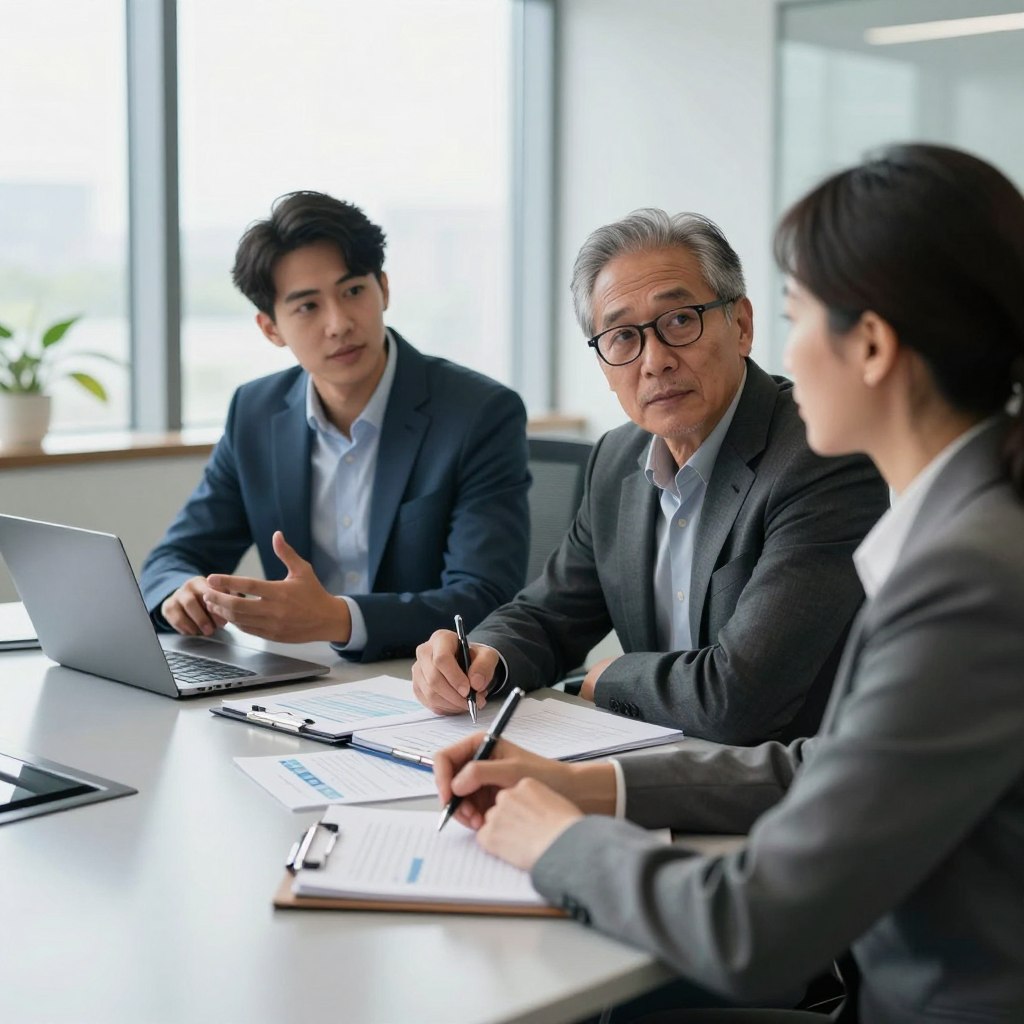 A professional business setting featuring a diverse group of three individuals engaged in a conversation about choosing a competent CPA. In the foreground, a middle-aged woman in a tailored suit sits at a sleek conference table, taking notes with a pen while looking intently at her two colleagues. One is a young man in a smart blazer, gesturing confidently, while the other is an older man with glasses, nodding and offering insights. In the middle ground, various financial documents and a laptop are spread out on the table. The background depicts a modern office with large windows allowing natural light to flood in, creating a bright and focused atmosphere. The mood is collaborative and serious, emphasizing professionalism and thoughtful decision-making. A professional business setting featuring a diverse group of three individuals engaged in a conversation about choosing a competent CPA. In the foreground, a middle-aged woman in a tailored suit sits at a sleek conference table, taking notes with a pen while looking intently at her two colleagues. One is a young man in a smart blazer, gesturing confidently, while the other is an older man with glasses, nodding and offering insights. In the middle ground, various financial documents and a laptop are spread out on the table. The background depicts a modern office with large windows allowing natural light to flood in, creating a bright and focused atmosphere. The mood is collaborative and serious, emphasizing professionalism and thoughtful decision-making.