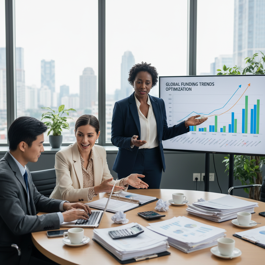 A professional business setting with a diverse group of individuals engaged in a collaborative meeting. In the foreground, a middle-aged Black woman in a smart blazer presents a financial chart on a digital screen, with graphs and data indicating funding trends. Next to her, a young Asian man in a suit takes notes on a laptop, while a Caucasian woman in business attire discusses strategies, showing enthusiasm. The background features a modern office with large windows letting in soft, natural light, casting a warm and inviting atmosphere. A round table is cluttered with financial documents, calculators, and coffee cups, enhancing the sense of active discussion. The overall mood is focused, motivational, and collaborative, embodying the process of optimizing funding requests. A professional business setting with a diverse group of individuals engaged in a collaborative meeting. In the foreground, a middle-aged Black woman in a smart blazer presents a financial chart on a digital screen, with graphs and data indicating funding trends. Next to her, a young Asian man in a suit takes notes on a laptop, while a Caucasian woman in business attire discusses strategies, showing enthusiasm. The background features a modern office with large windows letting in soft, natural light, casting a warm and inviting atmosphere. A round table is cluttered with financial documents, calculators, and coffee cups, enhancing the sense of active discussion. The overall mood is focused, motivational, and collaborative, embodying the process of optimizing funding requests.