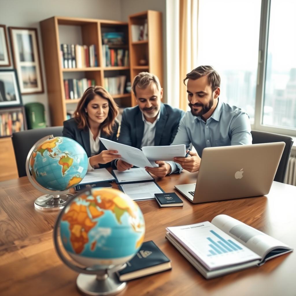 A professional consulting setting depicting a diverse group of expatriates gathered around a wooden conference table. In the foreground, focus on three individuals: a woman in business attire discussing with a man reviewing documents, and a third person taking notes on a laptop. All are engaged and focused, surrounded by various travel-related icons like a globe, passports, and insurance brochures displaying charts. The middle ground features a window with a city skyline, hinting at international locales. The background includes a bookshelf filled with travel books and framed images of famous landmarks. Soft natural light illuminates the room, creating a warm, inviting atmosphere that conveys trust and collaboration. The overall mood is professional yet approachable, encouraging viewers to consider expatriation travel insurance.