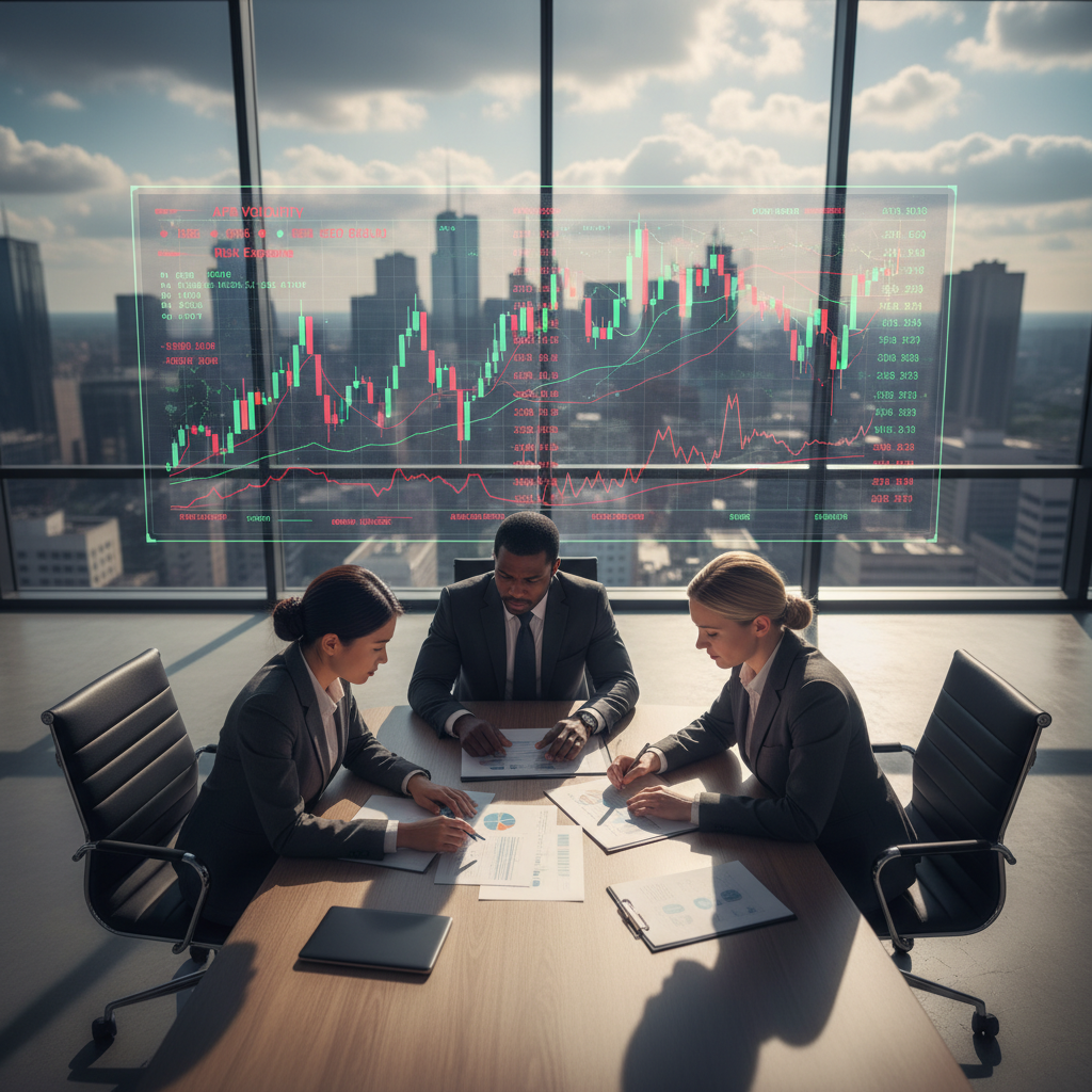 A professional, corporate setting illustrating the risks associated with AFR financing. In the foreground, a diverse group of three business professionals, dressed in formal business attire, intensely discusses financial documents at a sleek conference table. The middle layer features a digital display showing fluctuating stock graphs and financial data, symbolizing volatility and risk. The background presents a modern office environment with large windows, allowing natural light to create a bright, optimistic atmosphere, while also casting shadows that hint at uncertainty. The overall mood is serious yet analytical, emphasizing the importance of risk assessment in financial decision-making. Utilize a slight high-angle lens to capture the scene, enhancing the participants' expressions and engagement while maintaining a focused perspective on the financial data displayed.