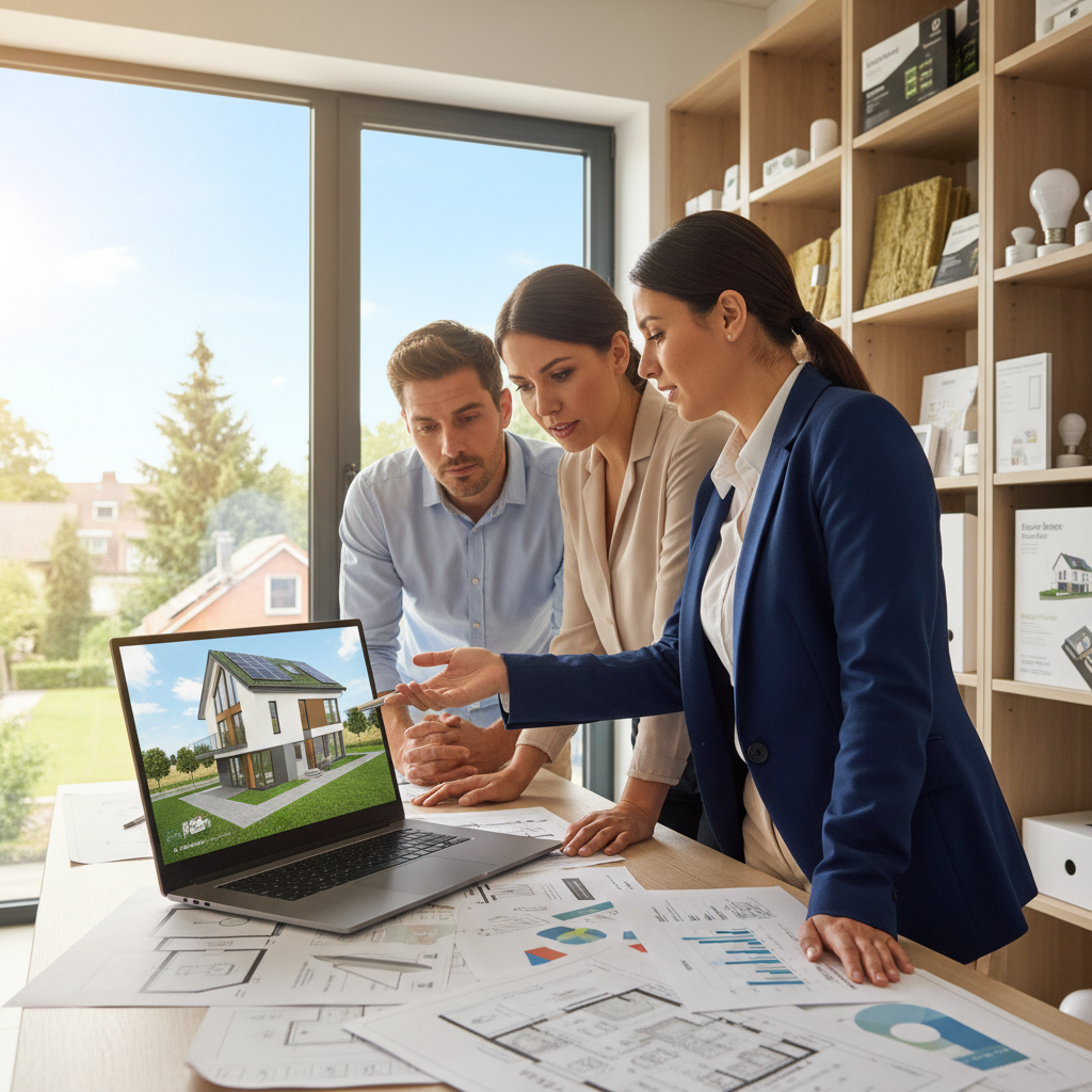 A professional energy renovation consultant engaging with a couple in a modern, well-lit office space. The consultant, dressed in smart business attire, is discussing home renovation plans with the couple, who appear curious and attentive. In the foreground, a table covered with blueprints, energy efficiency charts, and a laptop displaying a simulation of an energy-efficient home. The middle ground features a large window letting in natural sunlight, showcasing a view of a green neighborhood. In the background, shelves filled with energy-efficient materials and brochures create an informative atmosphere. The lighting is warm and inviting, fostering a sense of collaboration and guidance. The overall mood is supportive, showcasing the journey of renovation energy improvement.