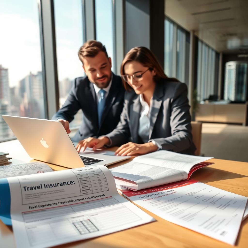 A professional expatriate couple in a modern office setting, seated at a table, comparing travel insurance options on their laptops. The foreground features a close-up of documents and brochures related to expatriate travel insurance, some with charts and criteria for comparison. In the middle ground, the couple, dressed in business attire, appears focused and engaged in discussion, with one person pointing at the screen while the other takes notes. In the background, large windows reveal a vibrant cityscape, suggesting an international environment. Natural light streams in, creating a bright and optimistic atmosphere. The image should convey a sense of professionalism and careful consideration, reflecting the importance of protecting oneself abroad.