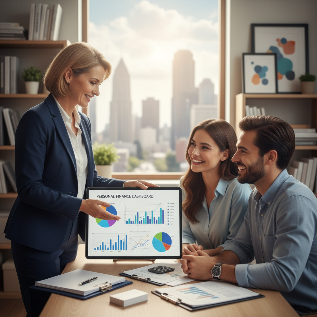 A professional financial advisor standing next to a digital tablet displaying colorful graphs and charts, symbolizing personal finance management. The advisor, a middle-aged woman in a smart business outfit, is smiling and engaging warmly with a young couple seated at a modern desk cluttered with financial documents and a calculator. In the background, a soft-focus office space features bookshelves filled with financial literature and a window revealing a bright urban skyline. Warm, diffused lighting creates an inviting atmosphere, highlighting the couple's expressions of clarity and hope regarding their finances. The scene conveys a sense of empowerment and professionalism, emphasizing the positive impact of financial management on personal lives.