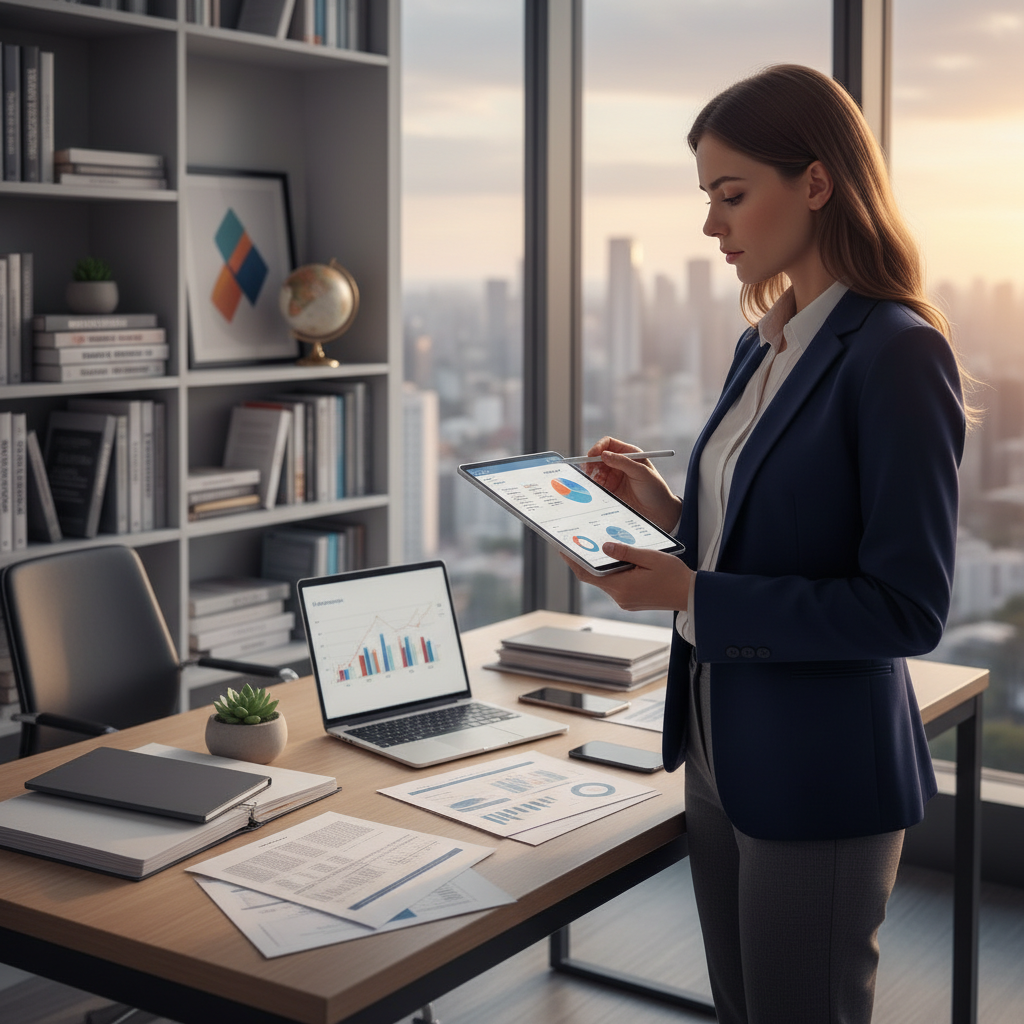 A professional financial advisor's office, featuring a modern desk cluttered with financial documents, a laptop displaying graphs, and a smartphone. In the foreground, a businesswoman in professional attire, with a thoughtful expression, is analyzing a financial plan on a tablet. The middle ground showcases shelves filled with finance books and decor, such as a small potted plant for a touch of green. In the background, large windows let in warm, natural light, creating an inviting atmosphere. The overall mood is focused and serene, emphasizing the importance of financial guidance and management. Use a high-resolution lens with a shallow depth of field to highlight the advisor and tablet while softly blurring the background.
