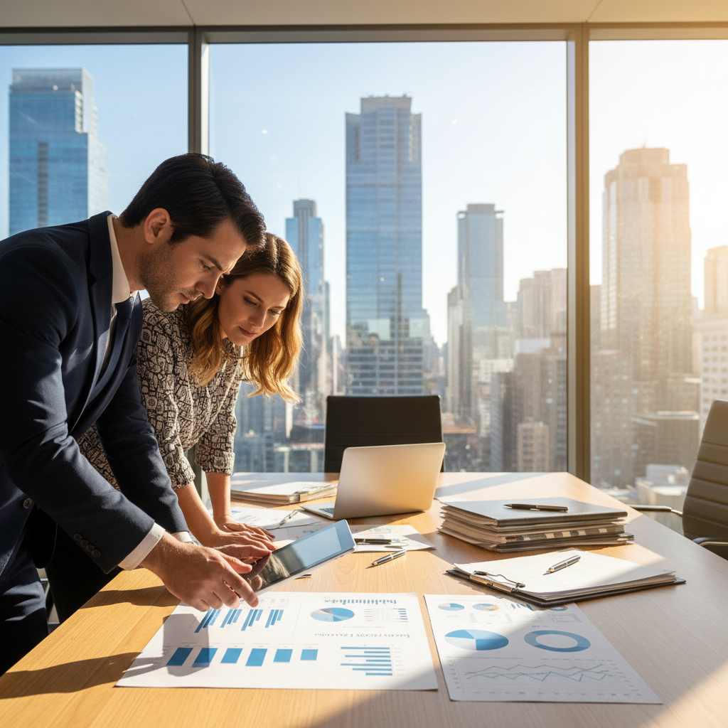 A professional financial planning scene set in a modern office environment. In the foreground, a diverse group of three business professionals—two men in tailored suits and one woman in a smart blouse—are actively discussing a financial plan while analyzing graphs and charts on a tablet. In the middle, a large wooden conference table is covered with financial documents, pens, and a laptop. The background features a sleek cityscape visible through large windows, with natural daylight streaming in, creating a bright and optimistic atmosphere. The mood is focused and collaborative, emphasizing strategy and budgeting. Use a wide-angle lens to capture the breadth of the scene, highlighting the interaction and the sense of professionalism. A professional financial planning scene set in a modern office environment. In the foreground, a diverse group of three business professionals—two men in tailored suits and one woman in a smart blouse—are actively discussing a financial plan while analyzing graphs and charts on a tablet. In the middle, a large wooden conference table is covered with financial documents, pens, and a laptop. The background features a sleek cityscape visible through large windows, with natural daylight streaming in, creating a bright and optimistic atmosphere. The mood is focused and collaborative, emphasizing strategy and budgeting. Use a wide-angle lens to capture the breadth of the scene, highlighting the interaction and the sense of professionalism.
