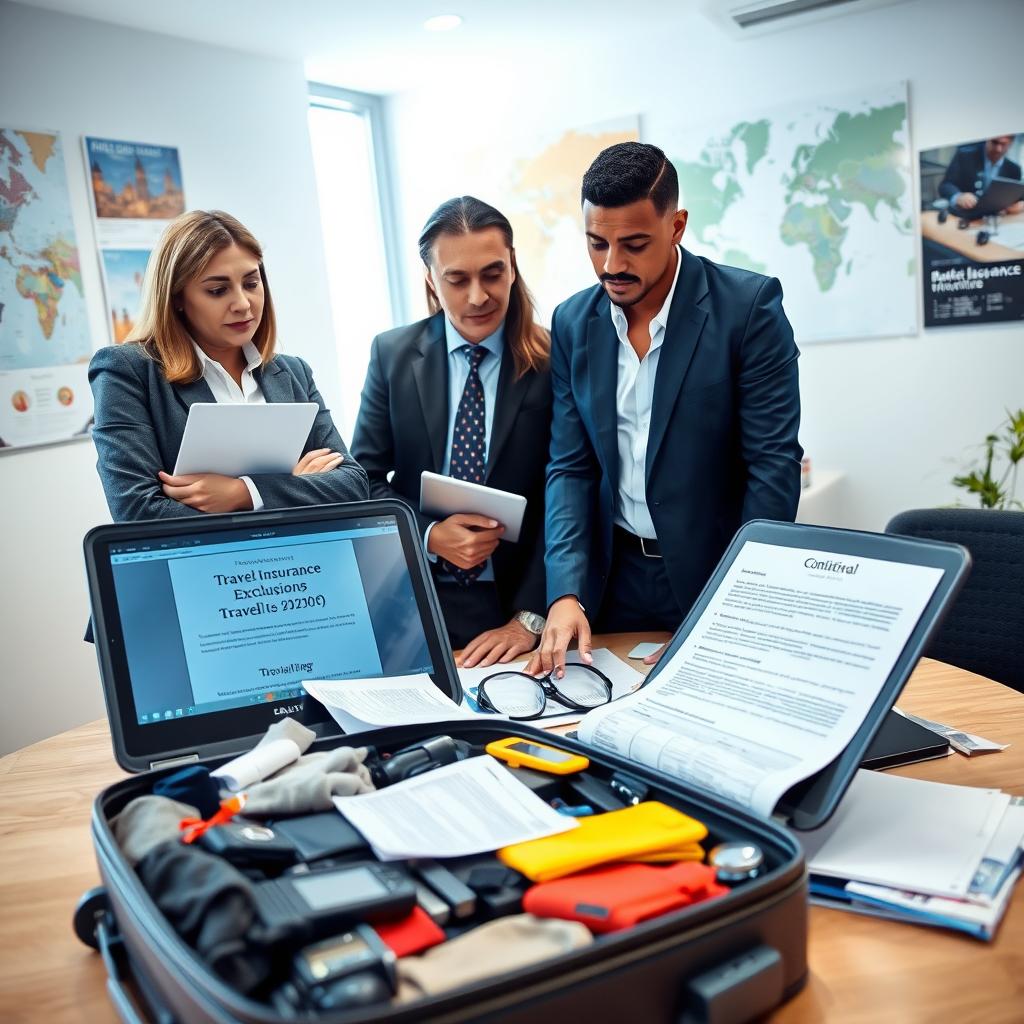A professional-looking scene depicting a travel insurance consultation regarding baggage exclusions. In the foreground, a diverse group of two adults (one male, one female), both dressed in smart business attire, discuss over a table filled with travel documents and a laptop displaying a detailed policy. The middle ground showcases a large, open suitcase partially filled with various travel items, like clothing, electronics, and personal belongings. The background features a well-lit office environment with travel posters and a map of the world on the wall, creating an informative atmosphere. Soft, natural lighting filters through a window, highlighting the subjects' expressions of concern and attention. The overall mood is serious yet professional, emphasizing the importance of understanding insurance exclusions while traveling.