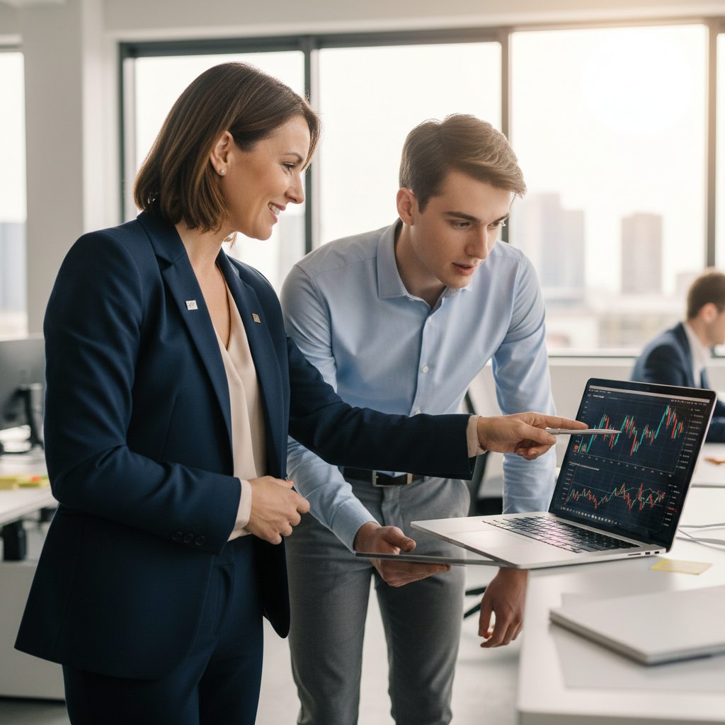 A professional mentor, representing BNP Paribas, engaged in a discussion with a young apprentice in a modern office setting. The mentor, a middle-aged individual in smart business attire, stands with an encouraging expression while pointing to a laptop screen displaying graphs and data, demonstrating guidance. The apprentice, a young professional dressed in neat, casual business attire, leans in, showing interest and attentiveness. In the background, bright natural light filters through large windows, creating an inviting atmosphere. The focus is on their interaction, highlighting the supportive role of the mentor, evoking a sense of growth and opportunity in a dynamic banking environment. The image captures a moment of learning and collaboration, with a clean and professional aesthetic, shot in soft focus to emphasize the subjects.