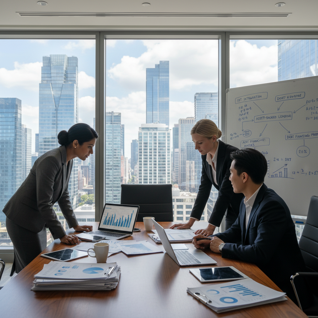 A professional, modern office environment focused on M2M financing. In the foreground, a diverse group of three business professionals, dressed in smart business attire, engaged in a discussion around a sleek conference table filled with stacked documents and digital devices illustrating graphs and financial data. In the middle ground, a large window reveals a cityscape, allowing natural light to flood the room, creating a productive atmosphere. The background features a large whiteboard filled with strategic diagrams and financial charts. The overall mood is collaborative and focused, showcasing the dynamic nature of financing in a corporate setting. The angle is slightly overhead, capturing both the team and their interactive environment while highlighting professionalism and engagement.