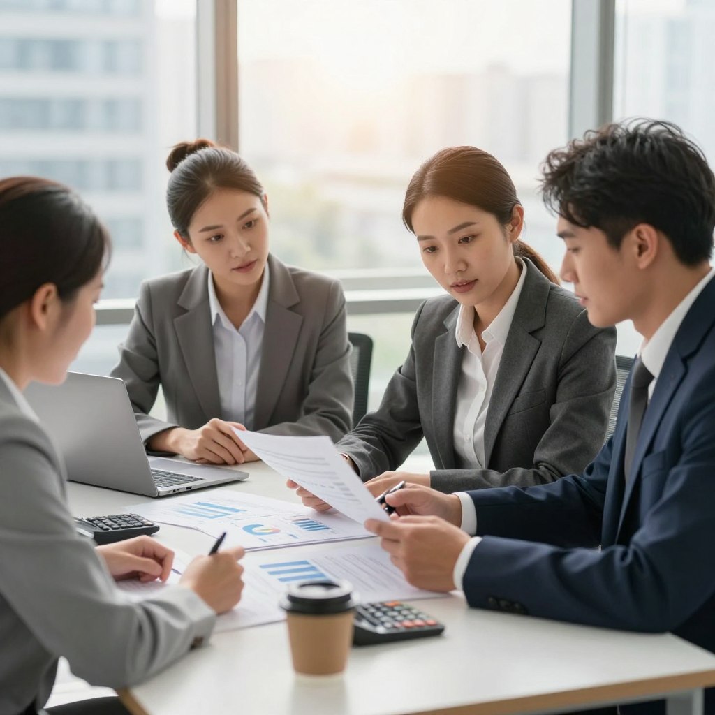 A professional, modern office setting depicting the advantages of hiring a CPA. In the foreground, a diverse group of three professionals in smart business attire is engaged in a discussion over financial documents and a laptop, showcasing teamwork and collaboration. The middle ground features a tidy desk with accounting tools such as calculators, charts, and a coffee cup. In the background, large windows let in warm natural light, casting a bright glow on the scene, symbolizing transparency and openness in financial dealings. A soft, welcoming atmosphere emphasizes trust and reliability, with a slightly blurred cityscape visible outside, hinting at success and opportunity. The overall mood is professional yet inviting. A professional, modern office setting depicting the advantages of hiring a CPA. In the foreground, a diverse group of three professionals in smart business attire is engaged in a discussion over financial documents and a laptop, showcasing teamwork and collaboration. The middle ground features a tidy desk with accounting tools such as calculators, charts, and a coffee cup. In the background, large windows let in warm natural light, casting a bright glow on the scene, symbolizing transparency and openness in financial dealings. A soft, welcoming atmosphere emphasizes trust and reliability, with a slightly blurred cityscape visible outside, hinting at success and opportunity. The overall mood is professional yet inviting.