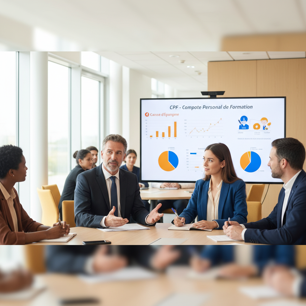 A professional office environment depicting a diverse group of individuals engaged in a training session focused on the Caisse d'Épargne CPF formation. In the foreground, a middle-aged man in a dark suit gestures animatedly as he shares his experience, while a young woman in smart casual attire takes notes attentively. In the middle background, a digital screen displays informative graphs and images related to CPF. The background features a modern office space with large windows allowing natural light to flood in, creating a bright and welcoming atmosphere. The scene conveys collaboration and growth, with warm tones and a slight focus blur on the edges to emphasize the participants. The overall mood is optimistic and professional. A professional office environment depicting a diverse group of individuals engaged in a training session focused on the Caisse d'Épargne CPF formation. In the foreground, a middle-aged man in a dark suit gestures animatedly as he shares his experience, while a young woman in smart casual attire takes notes attentively. In the middle background, a digital screen displays informative graphs and images related to CPF. The background features a modern office space with large windows allowing natural light to flood in, creating a bright and welcoming atmosphere. The scene conveys collaboration and growth, with warm tones and a slight focus blur on the edges to emphasize the participants. The overall mood is optimistic and professional.
