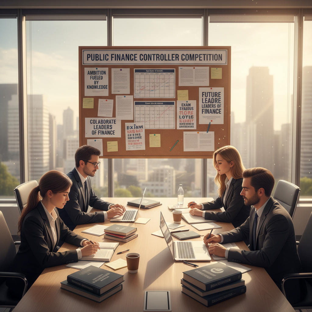 A professional office environment depicting a modern financial regulation examination scene. In the foreground, a diverse group of individuals dressed in business attire is engaged in study and discussion, with textbooks, notes, and laptops open on a large table. The middle section features a bulletin board displaying important updates and timelines related to the public finance controller competition, surrounded by motivational posters. The background shows a large window with sunlight streaming in, creating a bright and optimistic atmosphere. The lighting is warm and inviting, emphasizing focus and collaboration. The camera angle is a slight overhead view, capturing both the determination of the candidates and the resources available to them. The overall mood is one of ambition and preparation.