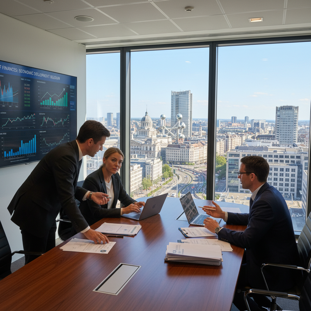A professional office environment depicting the role of SPF Finances in Belgium's economic development. In the foreground, a diverse group of three professionals in smart business attire engaged in a discussion around a sleek conference table, with laptops and financial documents scattered. In the middle ground, a large window reveals a panoramic view of Brussels, showcasing iconic buildings. The background features a digital display board showing financial trends and graphs, symbolizing economic data analysis. The lighting is bright and natural, filtering through the window, creating a dynamic and productive atmosphere. The scene exudes collaboration and focus, emphasizing the importance of finance in fostering economic growth, with a sense of optimism and professionalism.
