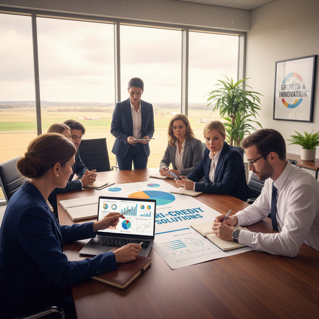A professional office environment showcasing a diverse group of business people engaged in a discussion about managing agricultural credit accounts. In the foreground, a middle-aged woman in a smart business suit is pointing at a laptop screen displaying graphs and charts. Next to her, a young male colleague in a crisp shirt takes notes. The middle ground features a sleek conference table surrounded by modern office decor with plants and motivational artwork. The background includes a large window with natural light streaming in, casting a warm glow across the room. The atmosphere is focused and dynamic, emphasizing collaboration and innovation in services dedicated to businesses in finance. The composition should convey professionalism and clarity, captured from a slightly elevated angle to showcase the teamwork. A professional office environment showcasing a diverse group of business people engaged in a discussion about managing agricultural credit accounts. In the foreground, a middle-aged woman in a smart business suit is pointing at a laptop screen displaying graphs and charts. Next to her, a young male colleague in a crisp shirt takes notes. The middle ground features a sleek conference table surrounded by modern office decor with plants and motivational artwork. The background includes a large window with natural light streaming in, casting a warm glow across the room. The atmosphere is focused and dynamic, emphasizing collaboration and innovation in services dedicated to businesses in finance. The composition should convey professionalism and clarity, captured from a slightly elevated angle to showcase the teamwork.