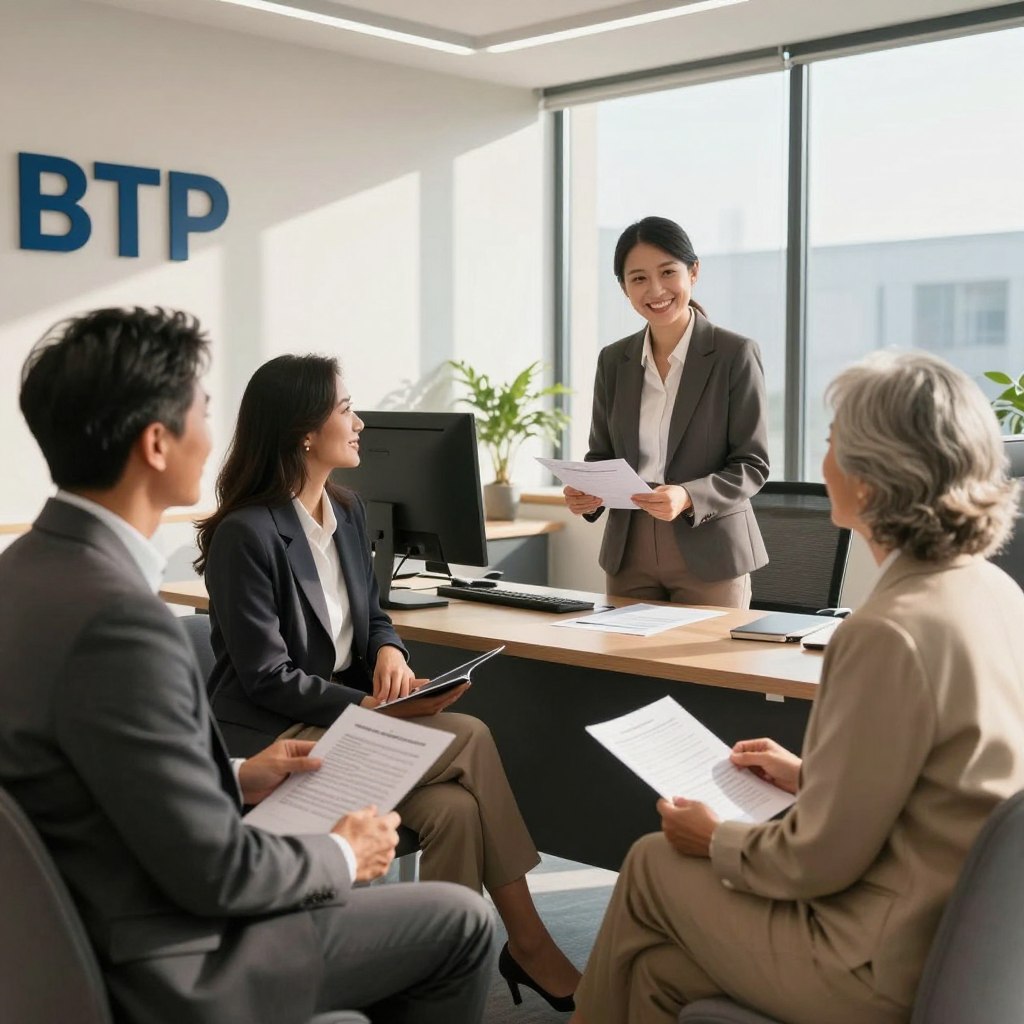 A professional office environment showcasing a diverse group of satisfied clients giving testimonials about their experiences with the BTP bank. In the foreground, three clients – a middle-aged man in a tailored suit, a young woman in smart casual attire, and an older woman in professional clothing, are engaging with a friendly bank representative in an elegant office space. The middle ground features a modern desk with a computer and financial documents, while large windows in the background allow natural light to flood the space, creating a warm and welcoming atmosphere. Soft shadows enhance the depth. The mood is positive and collaborative, emphasizing trust and professionalism. The composition is wide-angle to capture the entire scene, focusing on the interactions without any text or distractions.