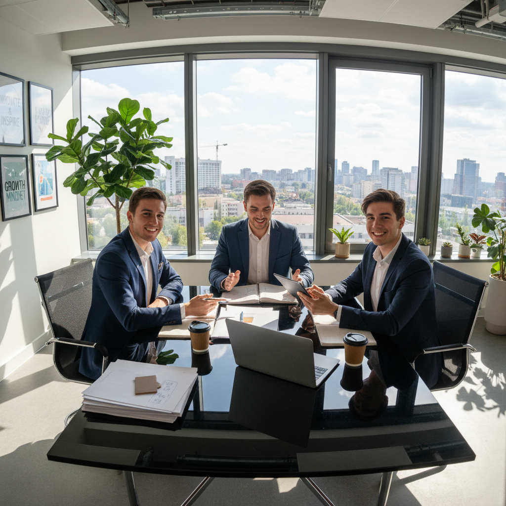 A professional office setting featuring a diverse group of three interns engaged in a collaborative discussion around a sleek conference table. The foreground shows the interns, two men and one woman, dressed in smart casual attire, smiling and sharing ideas enthusiastically. In the middle, various organizational materials like notebooks and a laptop are visible, hinting at their project. The background shows a large window with natural light filtering in, illuminating the modern office with green plants and motivational posters on the walls. The atmosphere is vibrant and inspiring, reflecting teamwork and growth. The lighting is bright and inviting, emphasizing the youthful energy in the room. Use a wide-angle lens to capture the comprehensive view of the workspace. A professional office setting featuring a diverse group of three interns engaged in a collaborative discussion around a sleek conference table. The foreground shows the interns, two men and one woman, dressed in smart casual attire, smiling and sharing ideas enthusiastically. In the middle, various organizational materials like notebooks and a laptop are visible, hinting at their project. The background shows a large window with natural light filtering in, illuminating the modern office with green plants and motivational posters on the walls. The atmosphere is vibrant and inspiring, reflecting teamwork and growth. The lighting is bright and inviting, emphasizing the youthful energy in the room. Use a wide-angle lens to capture the comprehensive view of the workspace.