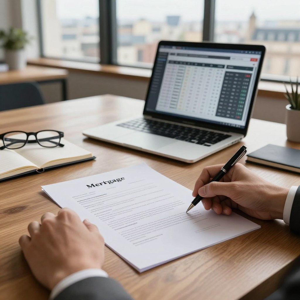 A professional office setting featuring a sleek wooden desk with a neatly arranged mortgage quote document prominently displayed. In the foreground, a pair of polished hands gently holding a pen, poised to sign the document. The middle ground shows a laptop opened to a financial calculator, surrounded by a notepad and glasses, emphasizing the analytical nature of mortgage planning. In the background, a soft-focus view of a well-lit modern office window, revealing a skyline of a French city. The lighting is warm and inviting, creating a mood of professionalism and clarity. The scene is captured from a slight angle to enhance depth, featuring rich wood textures and soft shadows, ensuring a polished and focused atmosphere.