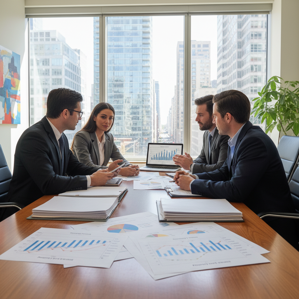 A professional office setting focused on property taxation, featuring a diverse group of three individuals—two men and one woman dressed in smart business attire—engaged in discussion around a sleek wooden table cluttered with documents and a laptop displaying graphs. In the foreground, charts illustrating recent trends in property tax rates are clearly depicted, symbolizing evolving fiscal policies. The middle ground shows a large window with natural light streaming in, creating a bright and inviting atmosphere. The background features a modern cityscape outside, indicating an urban environment where these tax discussions are relevant. The overall mood is collaborative and informative, emphasizing the importance of understanding property tax developments. The image is shot at eye level with soft lighting to convey professionalism and focus.
