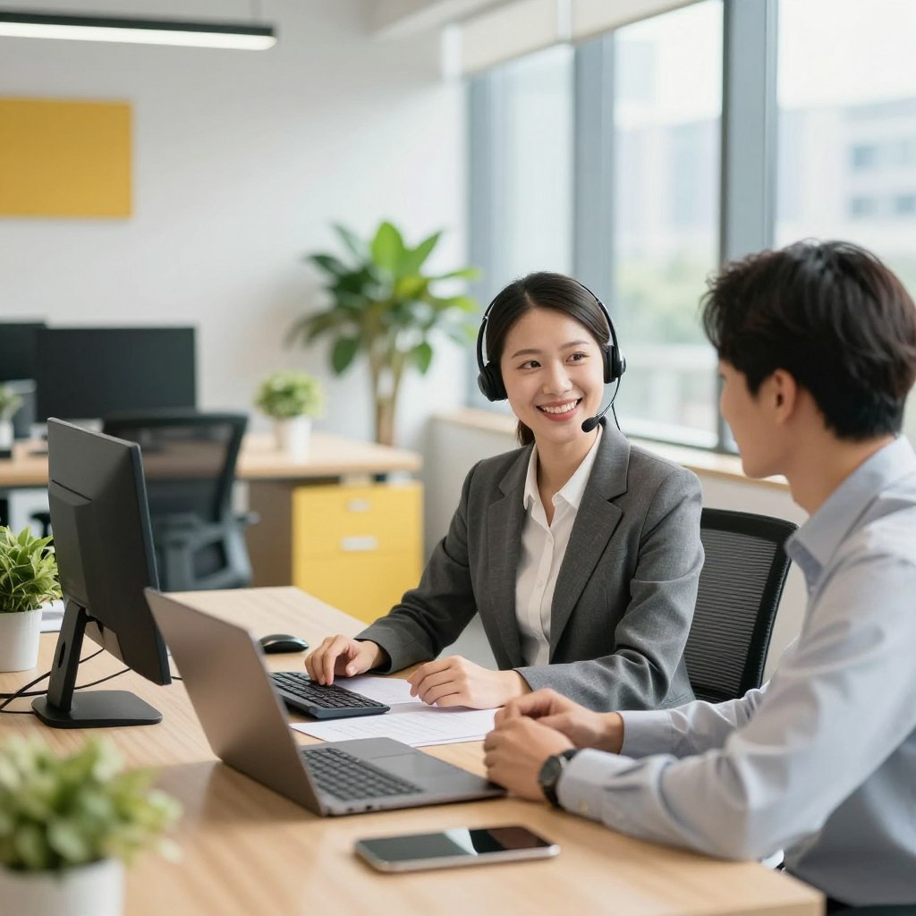A professional service client scene inside a modern, sleek office environment. In the foreground, a friendly customer service representative in business attire is engaged in a conversation with a satisfied client, who is sitting across the table. They are surrounded by sleek, high-tech devices such as laptops and tablets. In the middle ground, cheerful office decor features bright colors and greenery, promoting a welcoming atmosphere. The background shows a large window with city views, allowing natural light to flood the space and create a warm, inviting ambiance. Soft shadows enhance the depth, and the overall mood is professional yet friendly, emphasizing customer care and assistance.