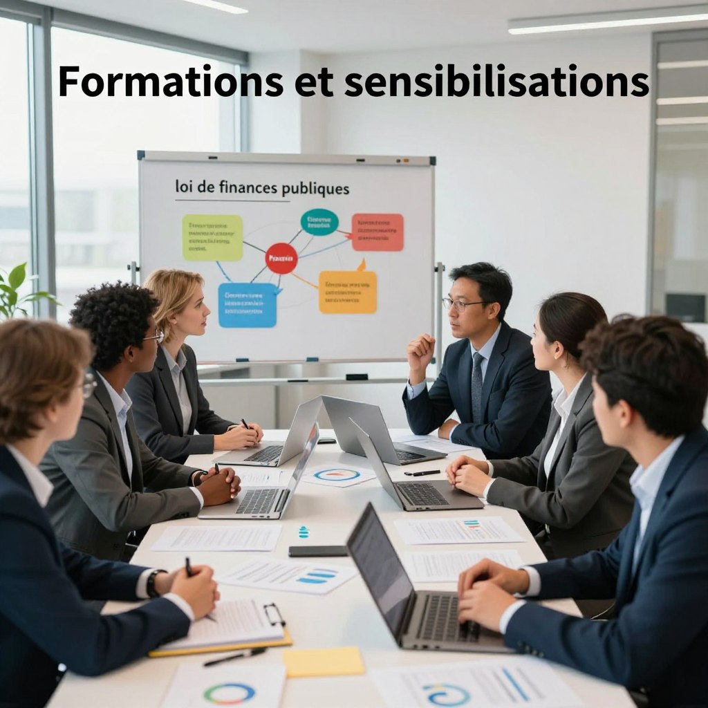 A professional setting depicting a dynamic workshop on public finance law, titled “Formations et sensibilisations.” In the foreground, a diverse group of professionals in business attire, including men and women of various ethnicities, actively engaging in discussion around a large table filled with documents, charts, and laptops. In the middle ground, a whiteboard showcases vibrant diagrams outlining key concepts of the “loi de finances publiques.” The background features a bright, modern conference room with large windows allowing natural light to pour in, enhancing focus and understanding. The mood is collaborative and educational, reflecting an atmosphere of learning and professionalism. Use a slight depth of field to emphasize the participants in the foreground while softening the background elements. A professional setting depicting a dynamic workshop on public finance law, titled “Formations et sensibilisations.” In the foreground, a diverse group of professionals in business attire, including men and women of various ethnicities, actively engaging in discussion around a large table filled with documents, charts, and laptops. In the middle ground, a whiteboard showcases vibrant diagrams outlining key concepts of the “loi de finances publiques.” The background features a bright, modern conference room with large windows allowing natural light to pour in, enhancing focus and understanding. The mood is collaborative and educational, reflecting an atmosphere of learning and professionalism. Use a slight depth of field to emphasize the participants in the foreground while softening the background elements.