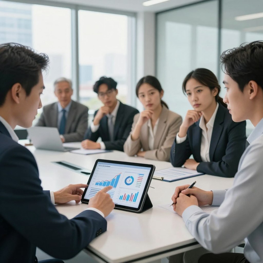 A professional setting featuring a diverse group of individuals gathered around a sleek, modern conference table, analyzing mortgage rate calculations. In the foreground, a well-dressed financial advisor points to a digital tablet displaying graphs and charts relevant to mortgage rates and profiles. In the middle, thoughtful, engaged clients absorb the information, their expressions reflecting curiosity and consideration. The background includes large windows allowing natural light to flood the room, emphasizing a bright and optimistic atmosphere. Soft shadows add depth, while a contemporary city skyline can be faintly seen through the glass, connecting the scene to real-world financial decisions. The mood is serious yet hopeful, capturing the essence of informed decision-making in personal finance.