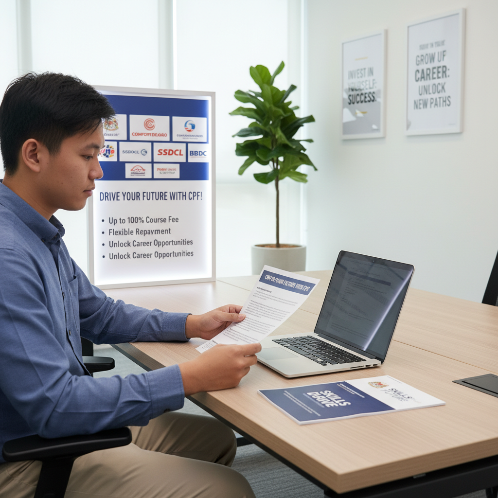 A professional setting illustrating the concept of CPF financing for driving license in the foreground. A person in smart casual attire, seated at a desk with a laptop open, reviewing documents related to financing options, specifically for a driving license. In the middle ground, a large poster depicts various driving schools and financing benefits, showcasing a clear vision of the financing process. The background features a bright, modern office environment with soft lighting, a potted plant, and motivational posters on the walls about skill development and career growth. The atmosphere is optimistic and empowering, emphasizing the idea of maximizing CPF utilization. The angle is slightly elevated, providing a comprehensive view of the desk and background.