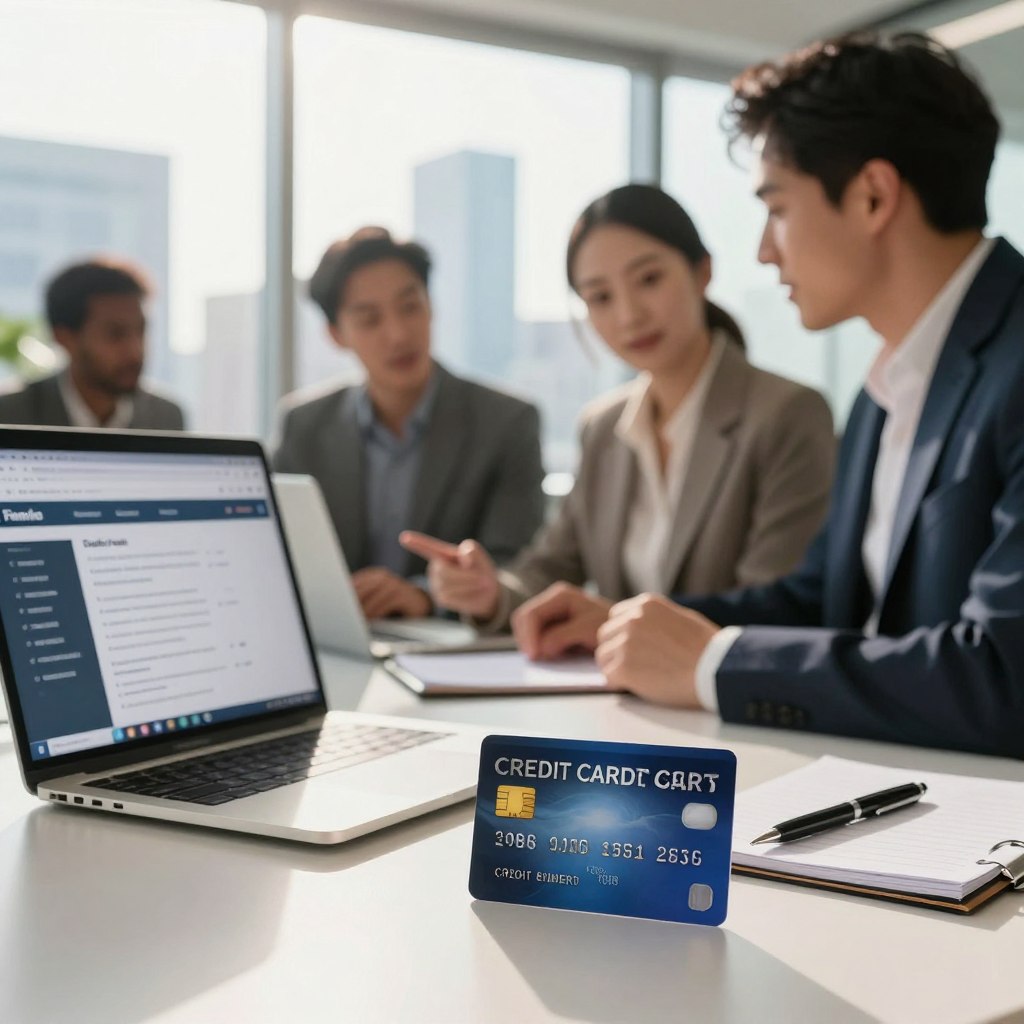 A professional setting illustrating the concept of credit card eligibility. In the foreground, depict a modern office desk with a sleek laptop open, showing a financial website focused on credit card criteria. Include a credit card prominently placed next to a pen and notepad. In the middle ground, show a diverse group of three professionals, dressed in business attire, discussing the requirements for obtaining a credit card, their expressions engaged and focused. In the background, a large window reveals a city skyline, with warm, natural light flooding the room, creating an inviting atmosphere. The overall mood should be one of professionalism and informative dialogue, emphasizing the importance of understanding credit card eligibility.