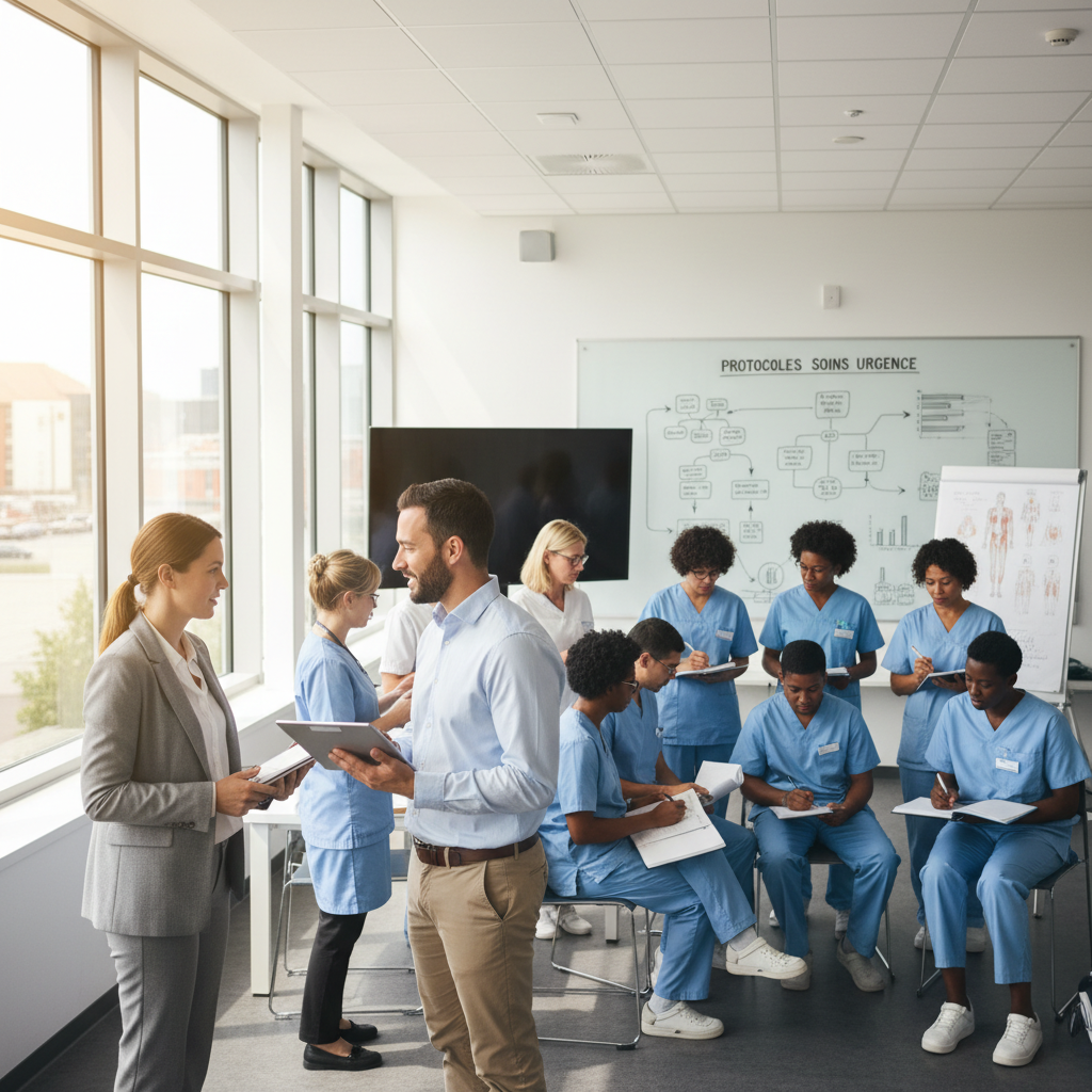 A professional training session in a modern healthcare setting, focusing on "formation santé". In the foreground, two healthcare professionals dressed in smart casual attire engage in a discussion, surrounded by educational materials like brochures and digital tablets. The middle ground features a diverse group of participants attentively listening, taking notes, and participating in group activities. Bright, natural lighting floods the room from large windows, creating an inviting atmosphere. In the background, a whiteboard displays diagrams and charts related to healthcare practices. The overall mood is one of collaboration and learning, highlighting the importance of education and training in the health sector. The angle captures the interaction and engagement among participants, emphasizing a dynamic learning environment.