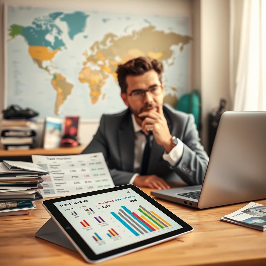 Um consultor de viagens profissional está sentado em uma mesa moderna, cercado por folhetos de viagens organizados e um laptop exibindo diversas opções de seguro viagem. Em primeiro plano, um tablet mostra em close-up gráficos digitais comparando planos de seguro e evidenciando as diferenças de preço. Ao fundo, o consultor, vestido com um elegante traje de negócios, analisa os dados com uma expressão atenta. Um mapa-múndi e acessórios de viagem criam uma atmosfera de exploração e segurança. Uma luz natural suave filtrada por uma janela proporciona um ambiente acolhedor e convidativo. A imagem evoca confiança e clareza, perfeita para ilustrar os critérios de seleção de um seguro viagem.