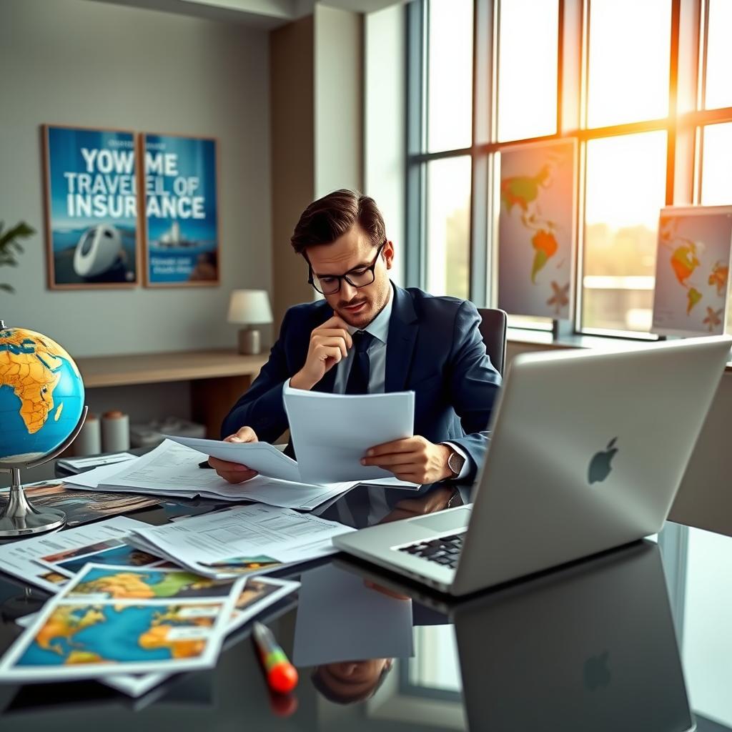 A professional travel insurance advisor sitting at a modern desk, reviewing various policy documents and a laptop displaying travel destinations. The foreground features a well-organized workspace with travel brochures and a globe. In the middle, the advisor, dressed in smart business attire, thoughtfully analyzes a document while taking notes. The background showcases a bright office with large windows revealing a sunny day, and a few motivational travel posters on the walls. The lighting is bright and inviting, creating a warm ambiance. Capture a perspective that highlights the advisor's focus and professionalism, conveying a sense of trust and reliability, which is essential when choosing annual travel insurance.