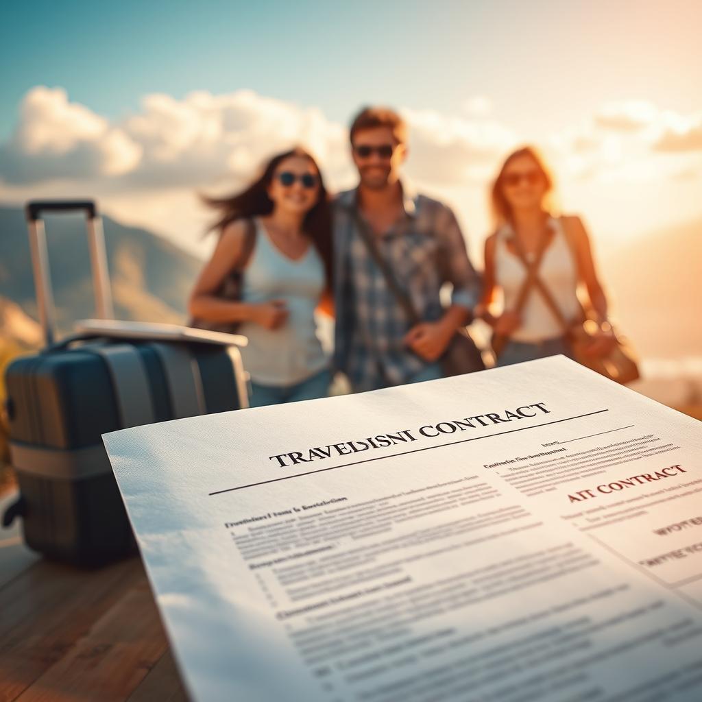 A professional travel insurance contract document placed prominently in the foreground, with a soft focus on a family of four in the middle ground, dressed in modest casual clothing, smiling as they explore a picturesque travel destination, such as a scenic beach or mountain vista. The background should feature a sunny sky with fluffy clouds, highlighting a sense of adventure and security. Warm, natural lighting creates an inviting atmosphere, with an angle that captures both the family and the contract, emphasizing protection while traveling. Include subtle visual elements such as a suitcase and travel guides nearby, enhancing the theme of travel assurance.