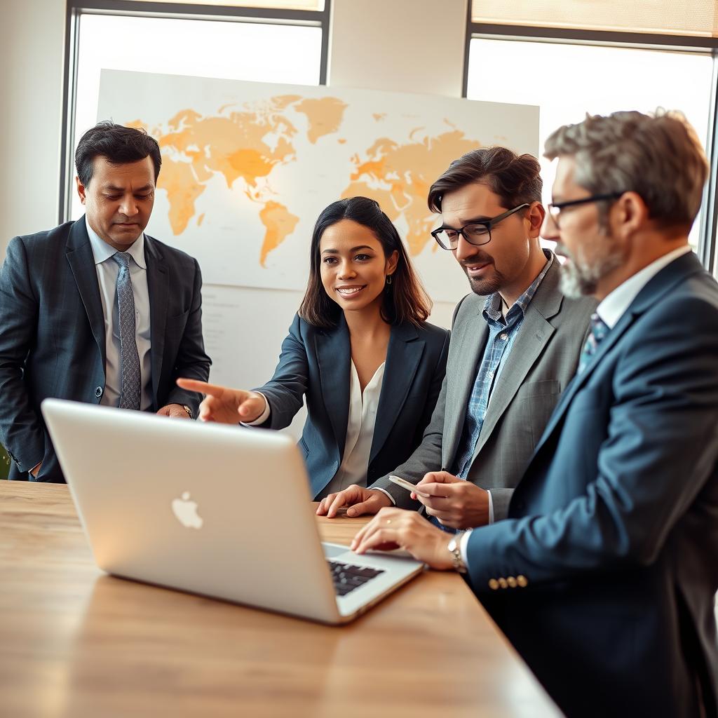 A professional travel insurance scene emphasizing COVID-19 support. In the foreground, a diverse group of three well-dressed adults (two men and one woman) are gathered around a laptop in a bright, modern office space, discussing travel plans. The woman, wearing a smart blazer, points at the screen with a thoughtful expression, while the men, dressed in business casual attire, take notes. In the middle ground, a large map of the world is pinned to the wall, marked with travel destinations. In the background, a window reveals a sunny day outside, casting warm light into the room, creating an atmosphere of hope and positivity. The focus should capture the collaboration and assurance provided by travel insurance in uncertain times. The lens should be slightly wide for a clear view of the scene. A professional travel insurance scene emphasizing COVID-19 support. In the foreground, a diverse group of three well-dressed adults (two men and one woman) are gathered around a laptop in a bright, modern office space, discussing travel plans. The woman, wearing a smart blazer, points at the screen with a thoughtful expression, while the men, dressed in business casual attire, take notes. In the middle ground, a large map of the world is pinned to the wall, marked with travel destinations. In the background, a window reveals a sunny day outside, casting warm light into the room, creating an atmosphere of hope and positivity. The focus should capture the collaboration and assurance provided by travel insurance in uncertain times. The lens should be slightly wide for a clear view of the scene.