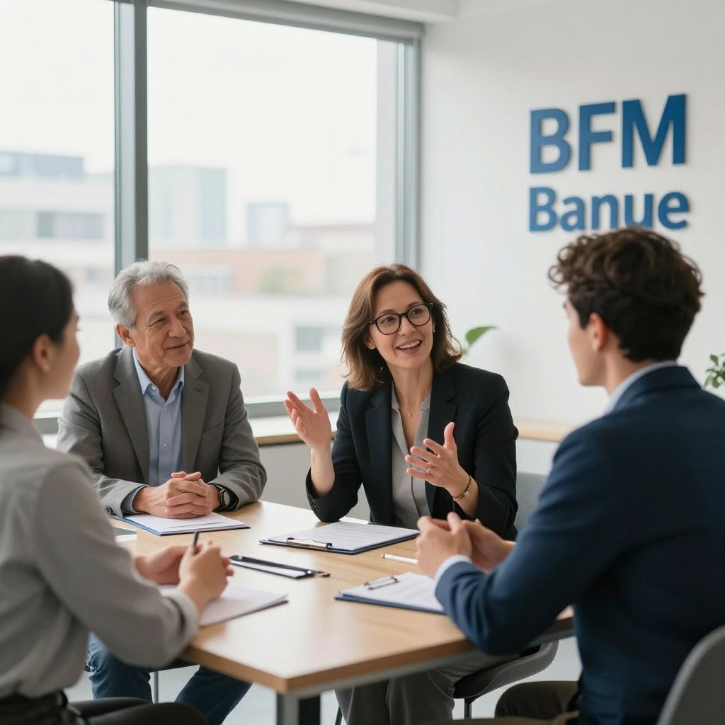 A professional, warm scene in a bright office setting, highlighting a diverse group of three clients sharing their positive banking experiences with a representative from BFM Banque. In the foreground, the clients, dressed in smart business attire, are animatedly discussing while sitting around a modern conference table. One client, a middle-aged woman with glasses, gestures enthusiastically, while the others—an older gentleman and a young man—nod in agreement, showcasing a sense of satisfaction. In the background, a large window reveals a cityscape under soft, natural light, illuminating the space and creating an inviting atmosphere. The overall mood is one of trust and professionalism, capturing the essence of customer testimonials in a banking environment.