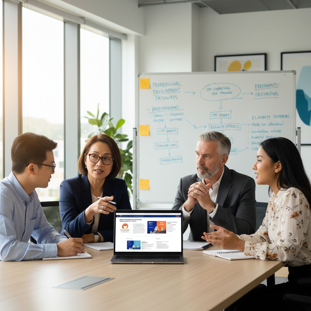 A professional workspace depicting a diverse group of four adults engaged in a collaborative discussion about "CPF financing for training." In the foreground, a middle-aged woman with glasses and a casual blazer points at a laptop screen showing a training program, while a young man in a button-up shirt takes notes. A focused older man in business attire listens intently, and a young woman in a blouse contributes ideas. The middle background includes a whiteboard filled with diagrams and charts related to professional development. Soft, natural lighting filters through a large window, creating a warm and inviting atmosphere. The image captures a sense of teamwork, optimism, and productivity, framed in a modern office setting with a clean aesthetic.