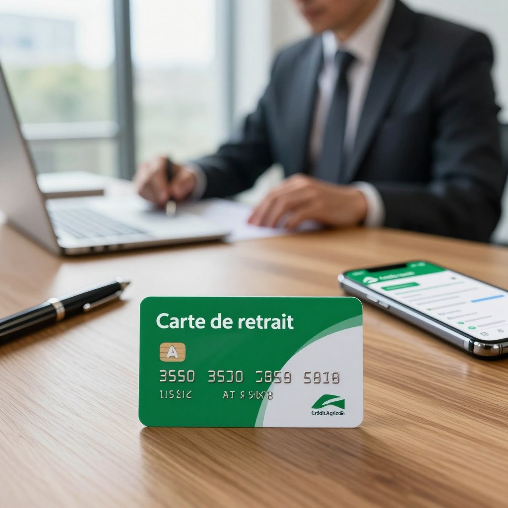 Uma representação realista de um cartão de débito do Crédit Agricole sobre uma mesa moderna e elegante. O cartão exibe com destaque o logotipo do Crédit Agricole em tons de verde e branco. Em primeiro plano, o cartão repousa sobre uma superfície de madeira polida, rodeado por uma caneta sofisticada e um celular com um aplicativo bancário. No centro da composição, vê-se o reflexo de um empresário de terno impecável, analisando atentamente seus extratos bancários. O fundo mostra um escritório desfocado, com luz natural entrando pelas grandes janelas, criando uma atmosfera acolhedora e convidativa. Um sutil efeito bokeh realça o foco no cartão, enfatizando o tema do saque e dos serviços bancários. Uma representação realista de um cartão de débito do Crédit Agricole sobre uma mesa moderna e elegante. O cartão exibe com destaque o logotipo do Crédit Agricole em tons de verde e branco. Em primeiro plano, o cartão repousa sobre uma superfície de madeira polida, rodeado por uma caneta sofisticada e um celular com um aplicativo bancário. No centro da composição, vê-se o reflexo de um empresário de terno impecável, analisando atentamente seus extratos bancários. O fundo mostra um escritório desfocado, com luz natural entrando pelas grandes janelas, criando uma atmosfera acolhedora e convidativa. Um sutil efeito bokeh realça o foco no cartão, enfatizando o tema do saque e dos serviços bancários.