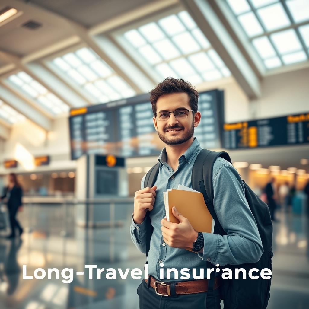 A savvy traveler stands confidently at an airport, wearing professional casual clothing, with a backpack and a travel document in hand. In the foreground, the focus is on the individual, showcasing determination and readiness for long journeys. In the middle ground, a large digital display board shows different flight destinations, hinting at the excitement of travel. The background features a bright, modern airport interior with skylights that let in natural light, creating an uplifting atmosphere. Soft shadows enhance the scene, and warm tones evoke a sense of reassurance and adventure. The image captures the essence of long-term travel insurance, symbolizing protection and peace of mind while exploring the world. A savvy traveler stands confidently at an airport, wearing professional casual clothing, with a backpack and a travel document in hand. In the foreground, the focus is on the individual, showcasing determination and readiness for long journeys. In the middle ground, a large digital display board shows different flight destinations, hinting at the excitement of travel. The background features a bright, modern airport interior with skylights that let in natural light, creating an uplifting atmosphere. Soft shadows enhance the scene, and warm tones evoke a sense of reassurance and adventure. The image captures the essence of long-term travel insurance, symbolizing protection and peace of mind while exploring the world.